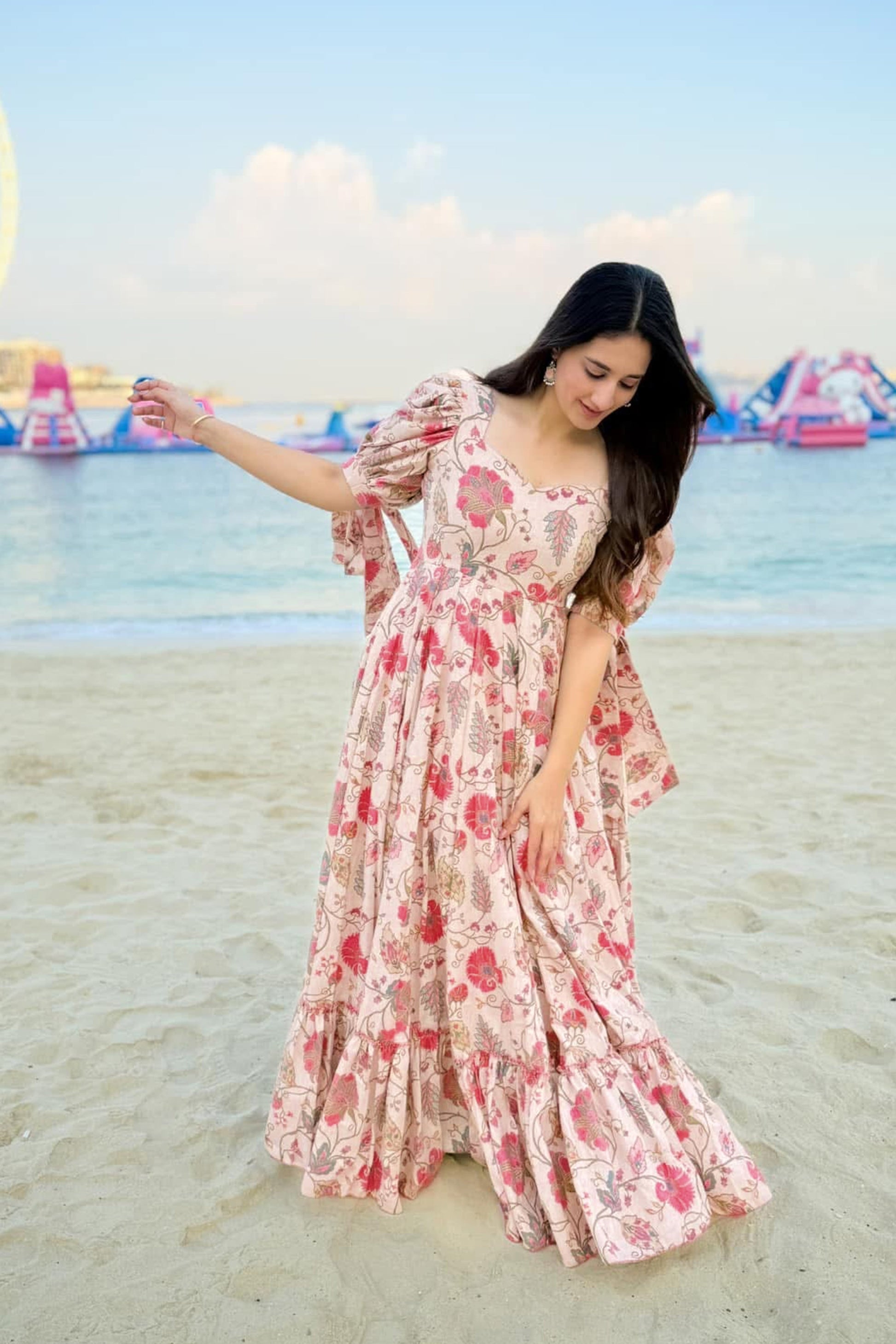 Sonakshi Women's Pink Rayon Digital Print Full Round Flair Anarkali Gown Set