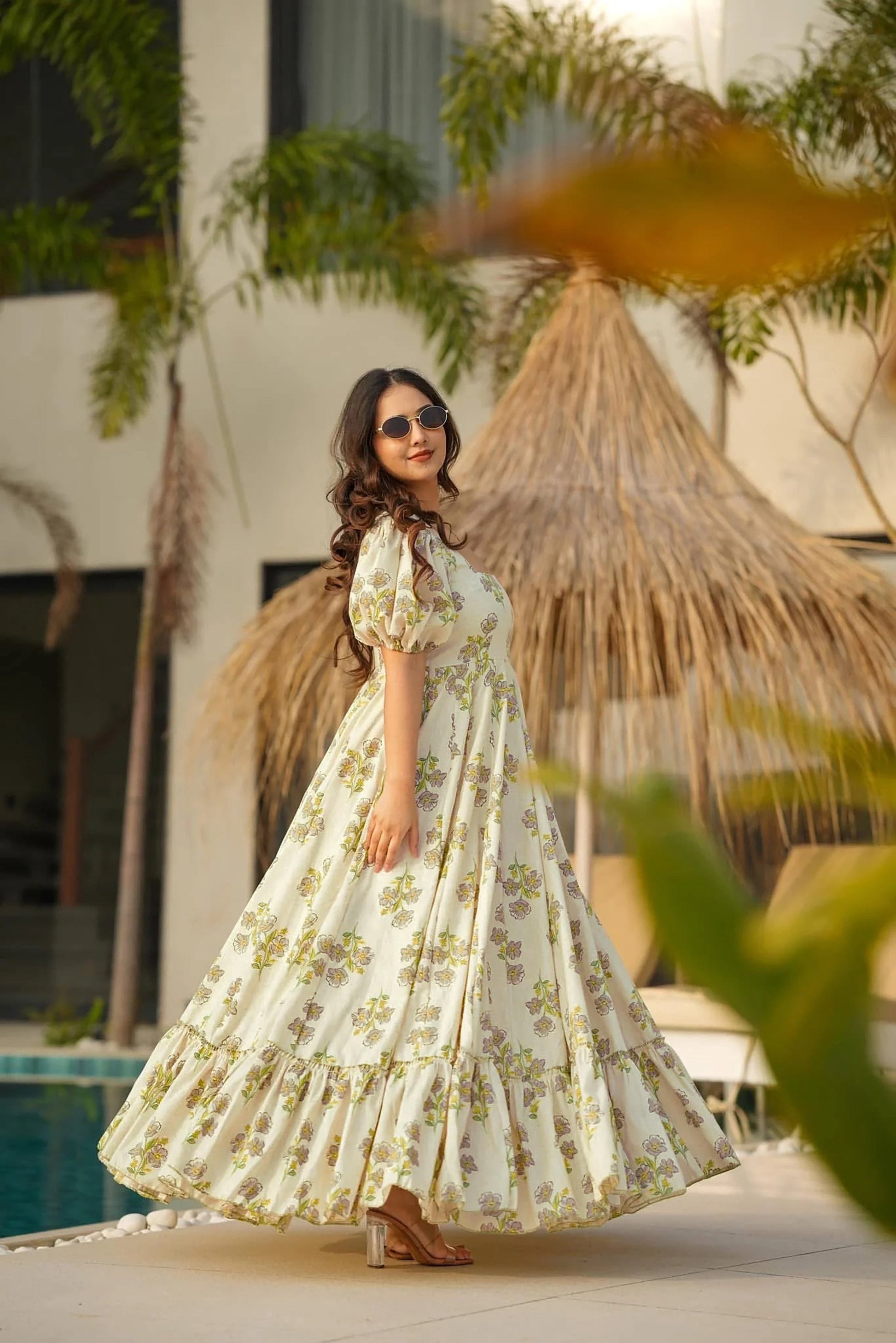 Sonakshi Women's Offwhite Rayon Digital Print Full Round Flair Anarkali Gown Set
