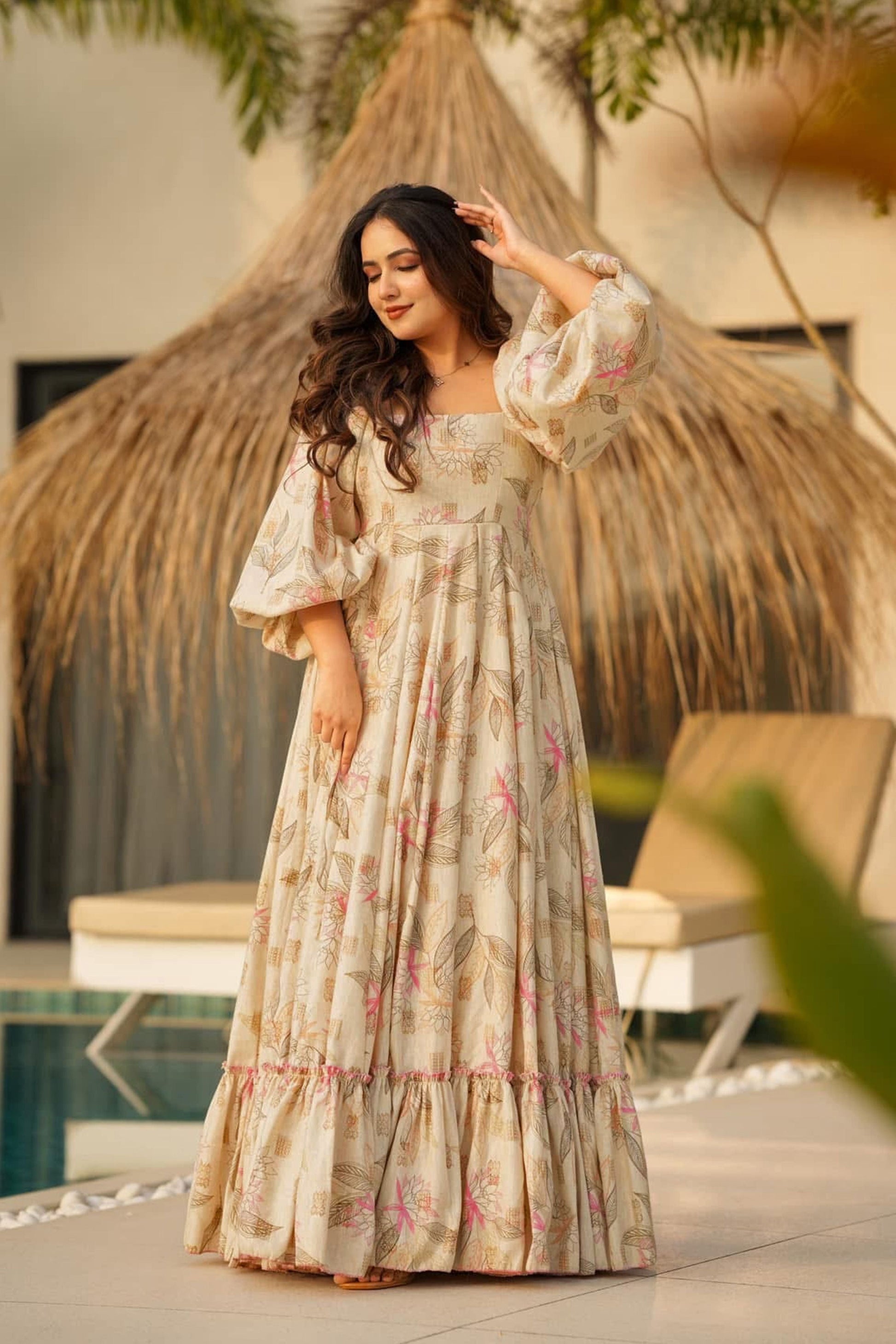 Sonakshi Women's Offwhite Rayon Digital Print Full Round Flair Anarkali Gown Set
