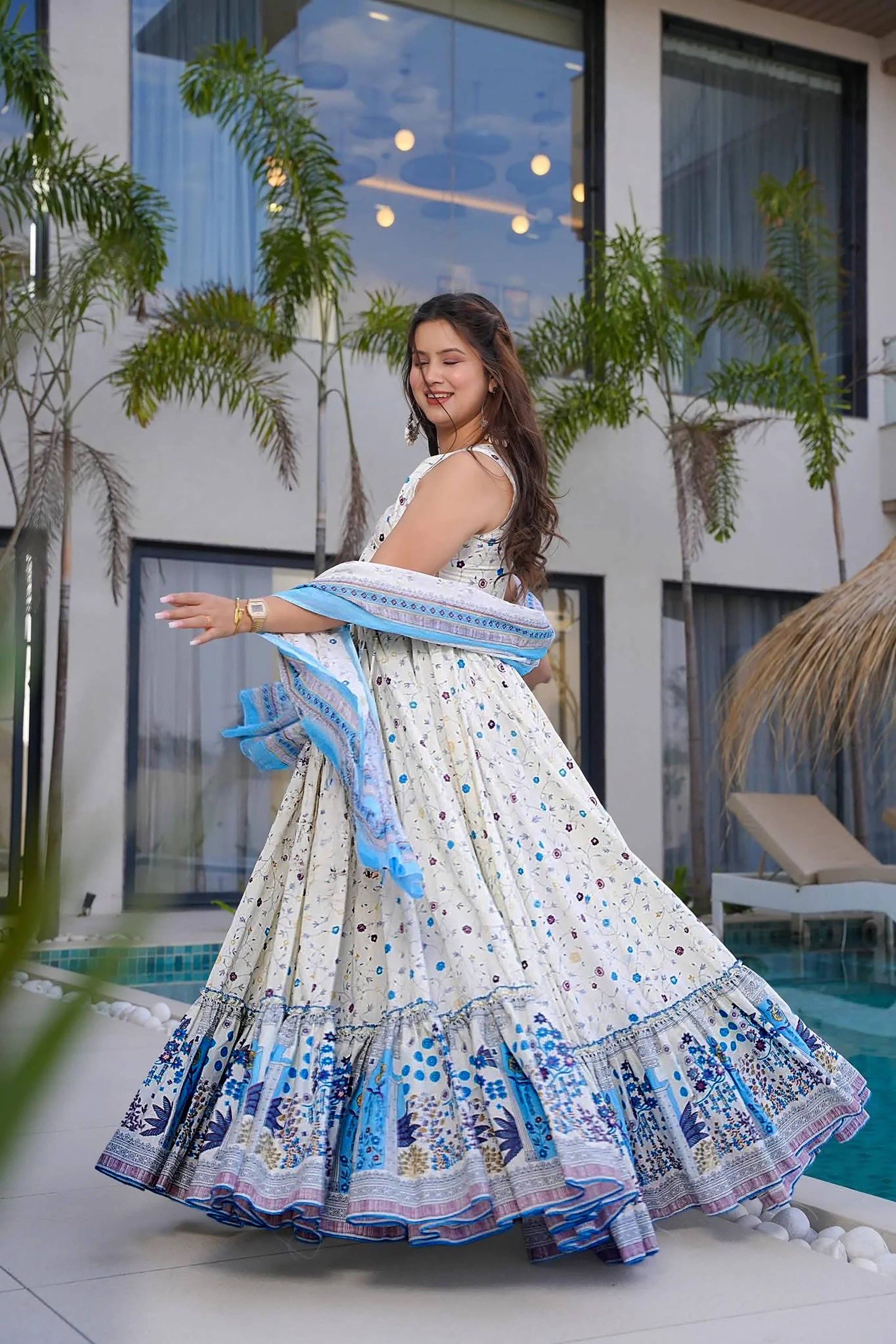 Sonakshi Women's white Rayon Digital Print Full Round Flair Anarkali Gown Set