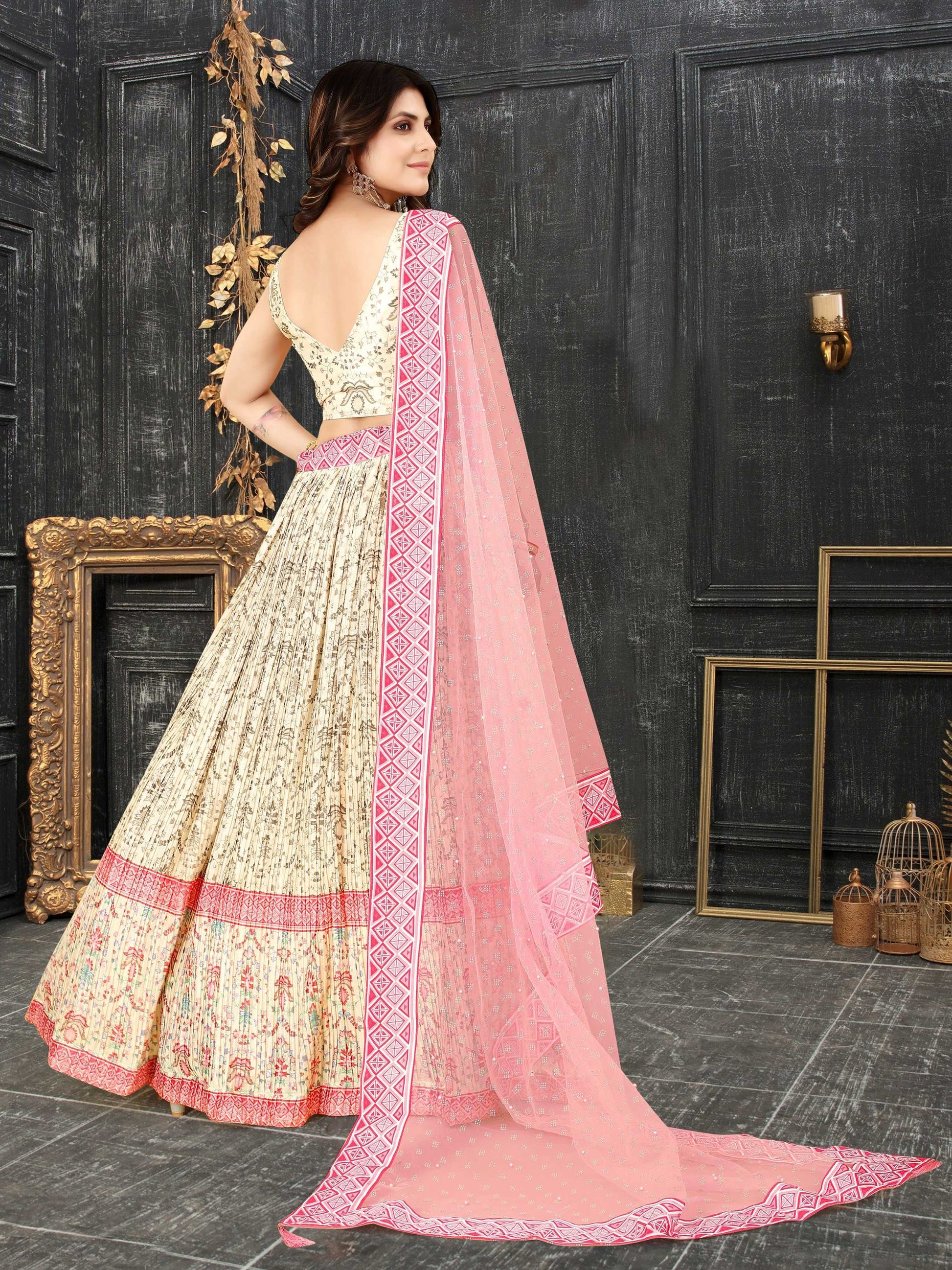Sonakshi Women's White Chinon Silk Ajrakh Heavy digital Printed Lehenga Choli With Dupatta