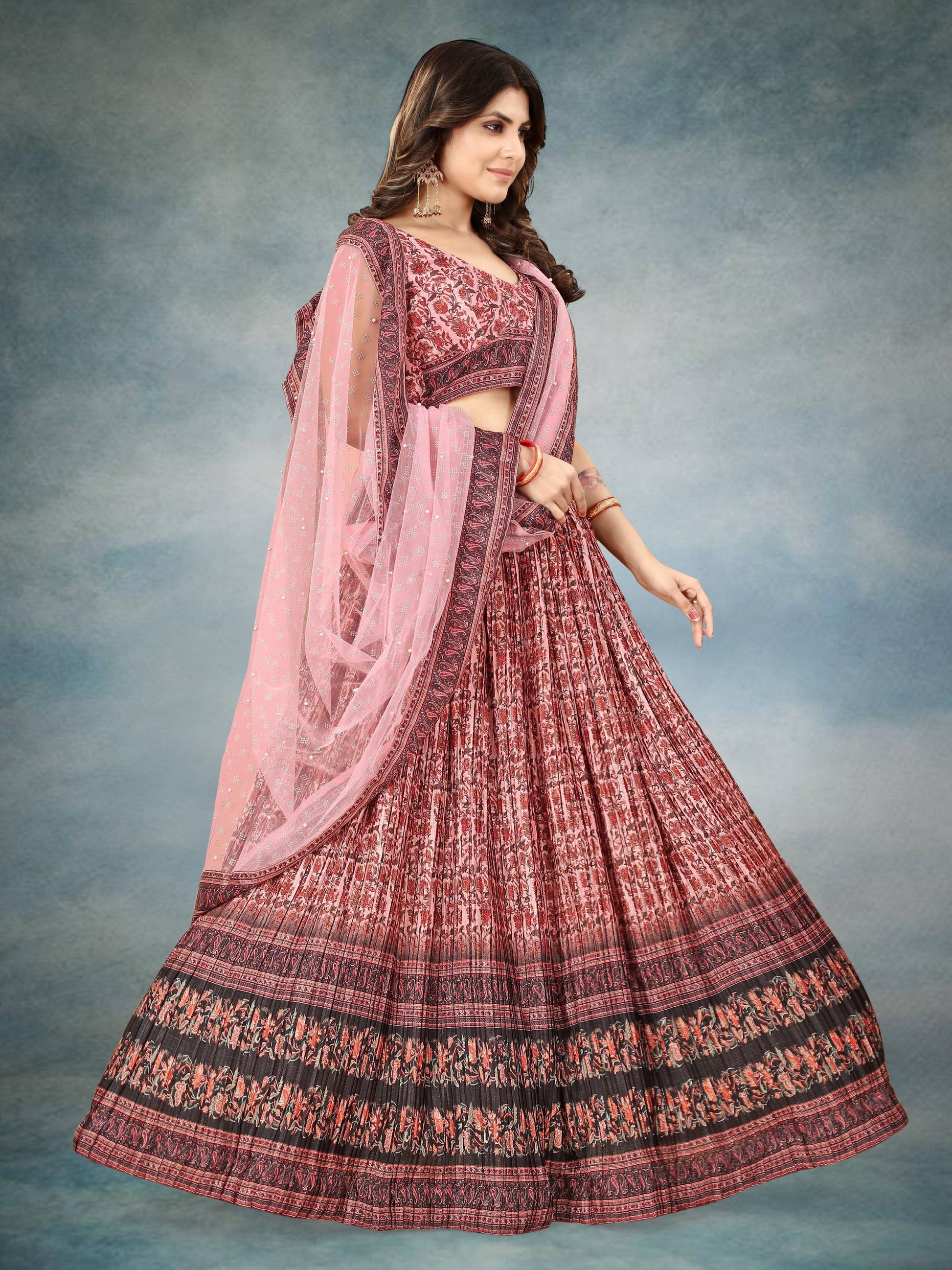 Sonakshi Women's Maroon Chinon Silk Ajrakh Heavy digital Printed Lehenga Choli With Dupatta