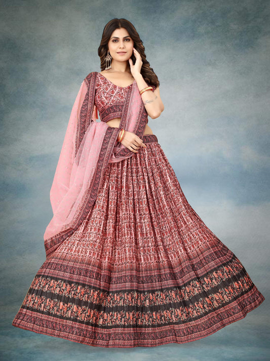 Sonakshi Women's Maroon Chinon Silk Ajrakh Heavy digital Printed Lehenga Choli With Dupatta