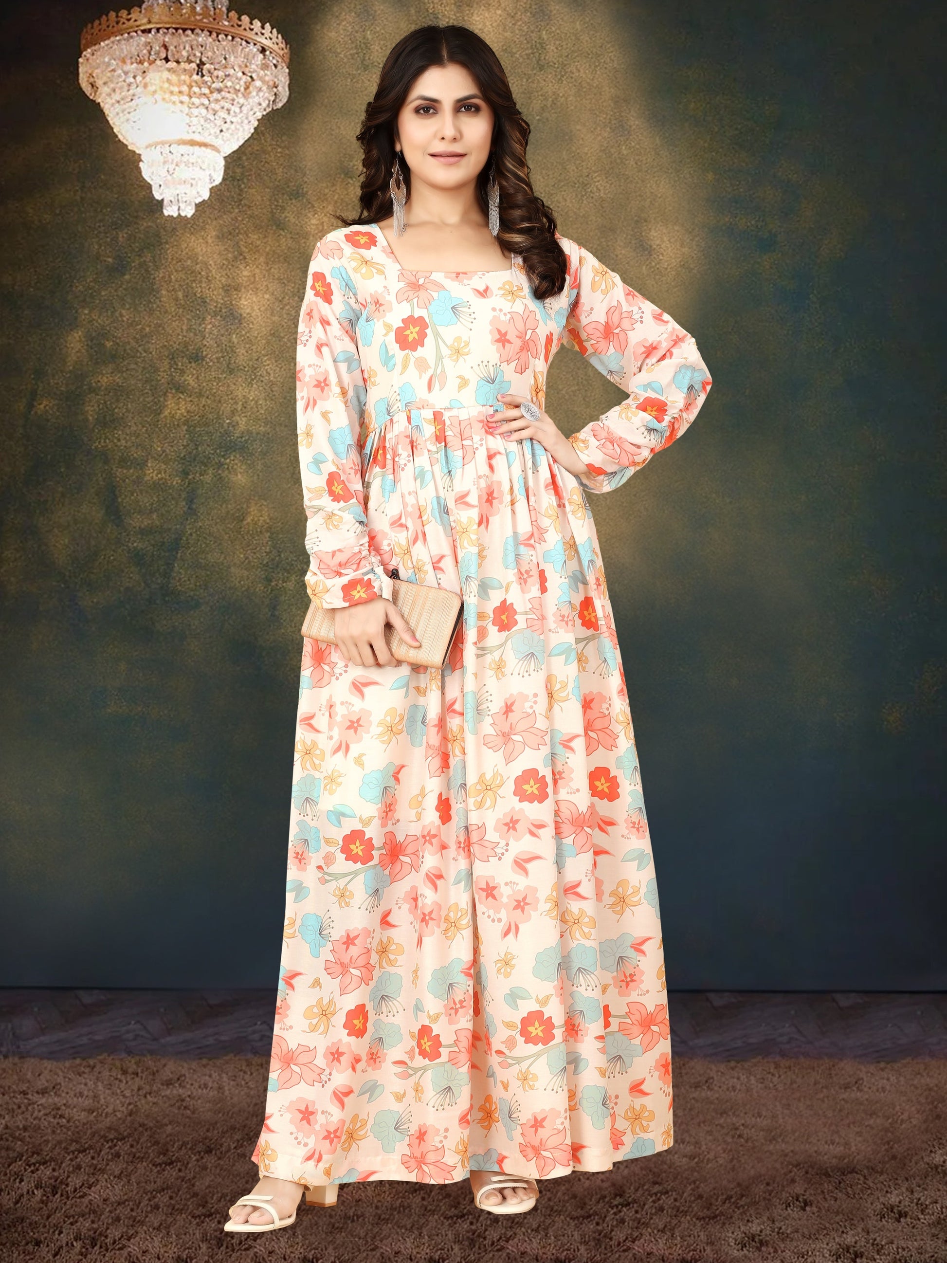 Sonakshi Women's Cream Muslin Digital Print Full Round Flair Anarkali Gown Set