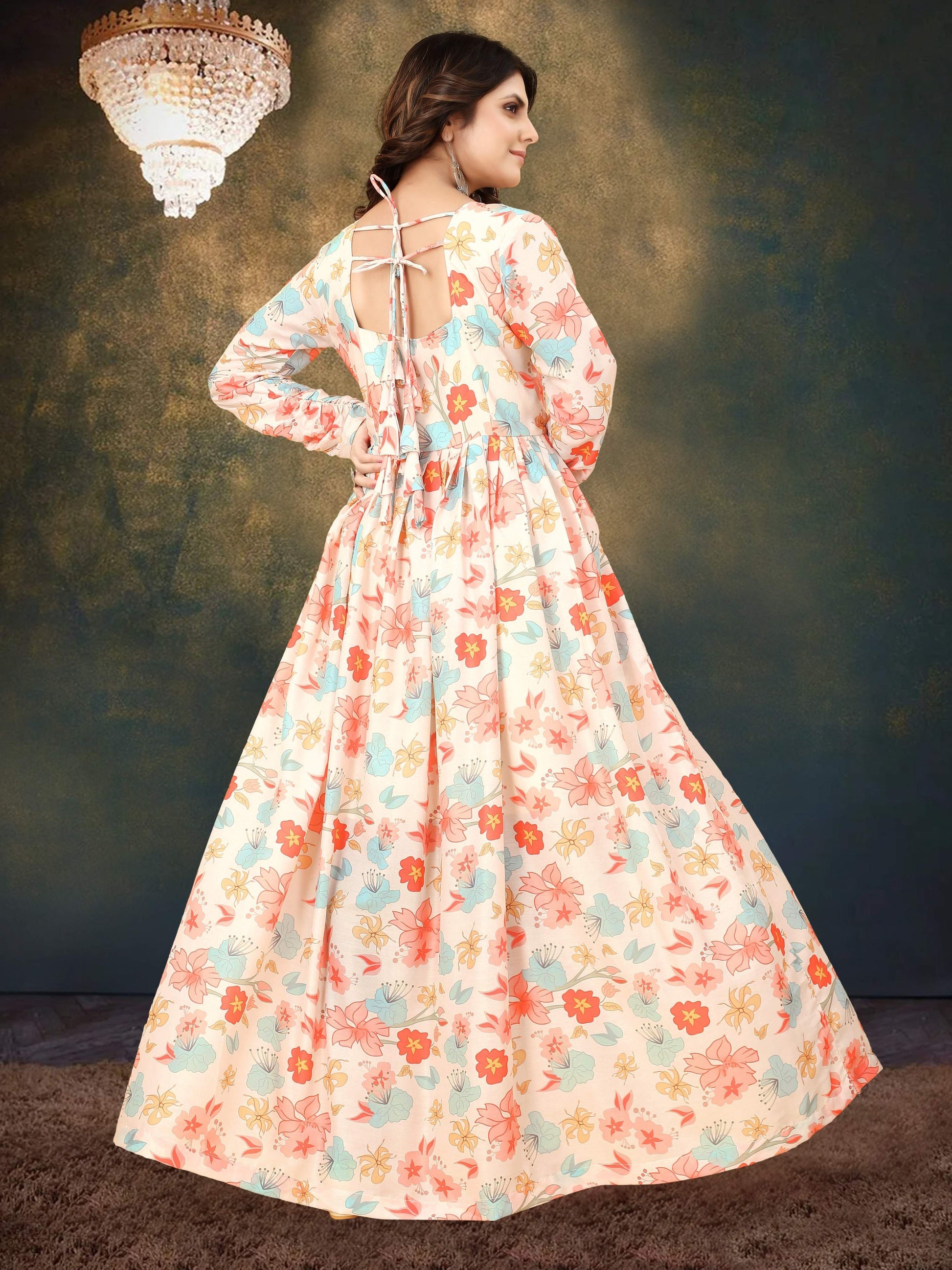 Sonakshi Women's Cream Muslin Digital Print Full Round Flair Anarkali Gown Set