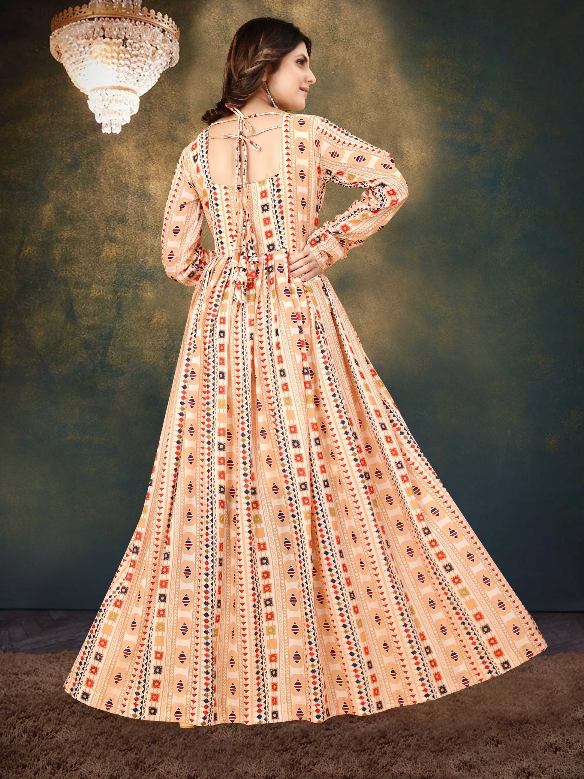 Sonakshi Women's Beige Muslin Digital Print Full Round Flair Anarkali Gown Set
