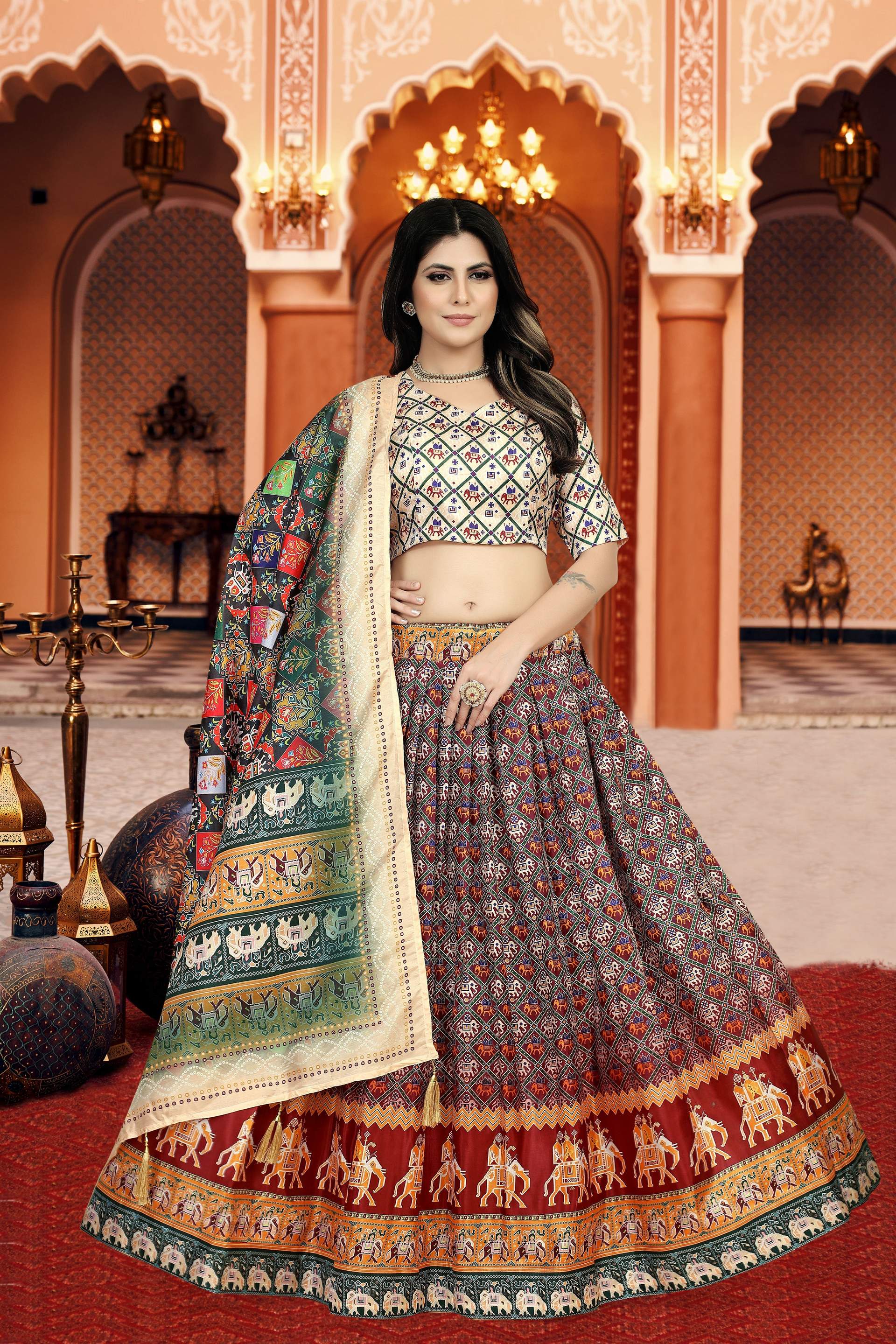 Sonakshi Women's Multicolor Dola Silk Digital Printed Lehenga Choli With Dupatta