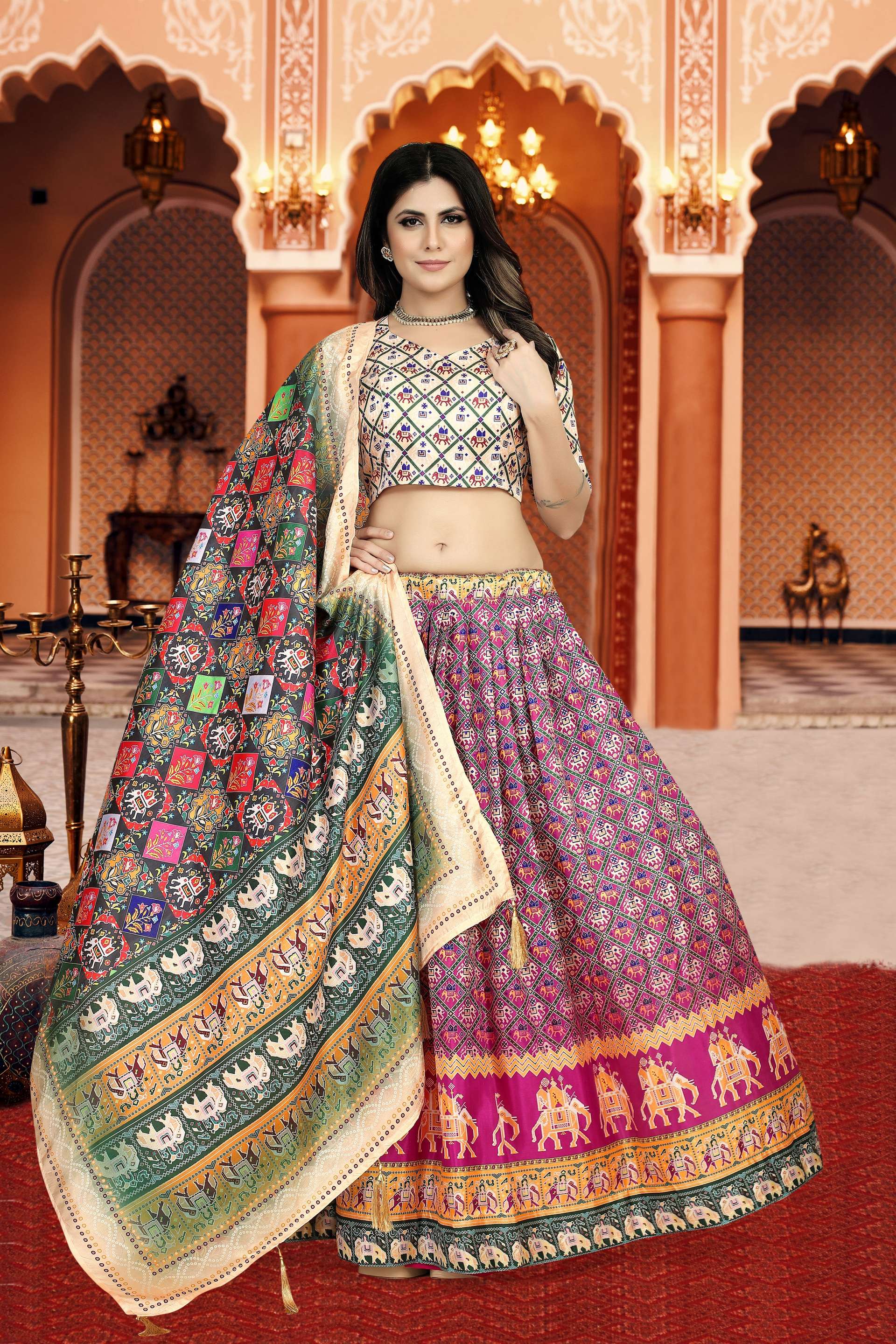 Sonakshi Women's Multicolor Dola Silk Digital Printed Lehenga Choli With Dupatta