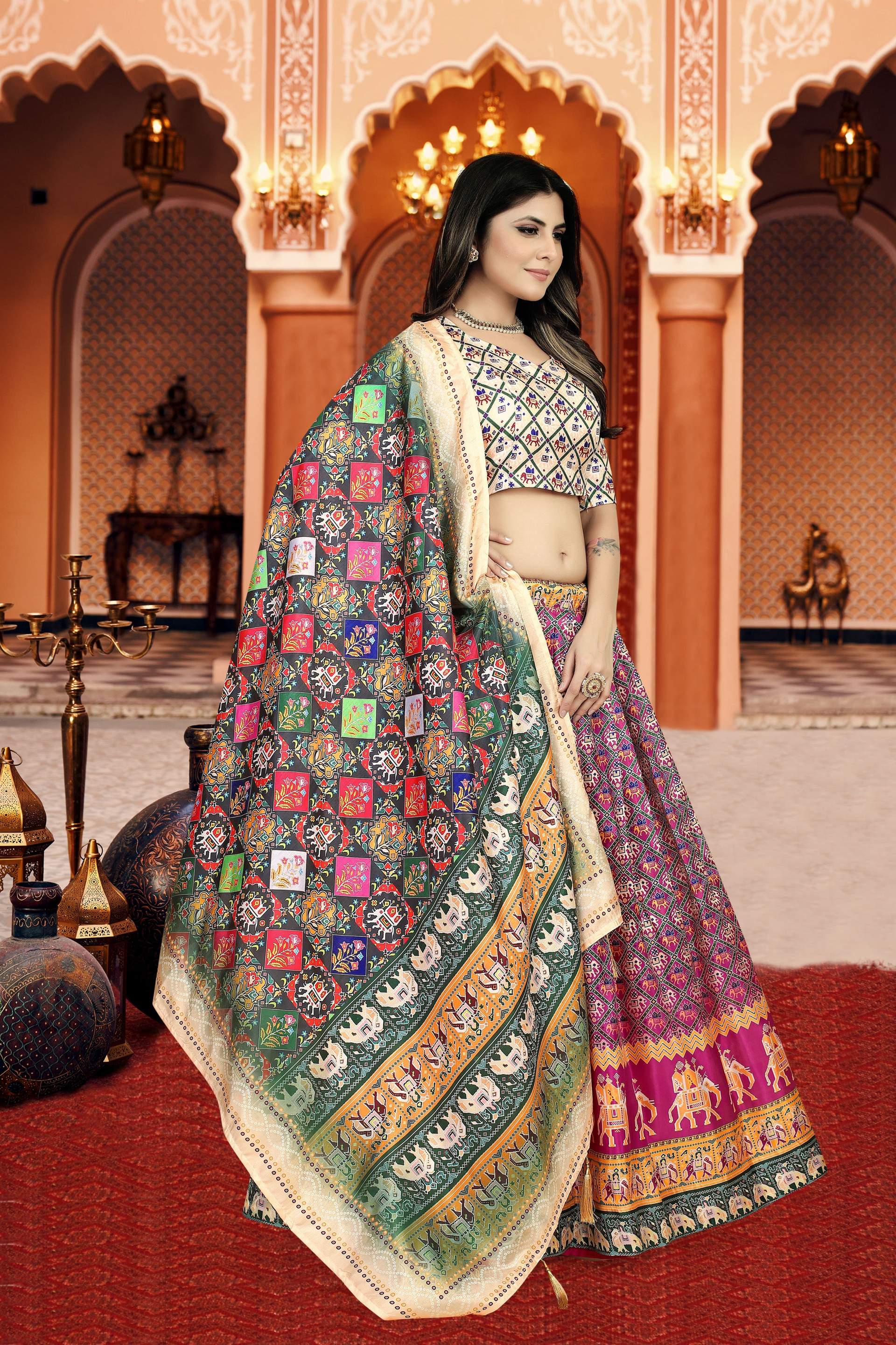 Sonakshi Women's Multicolor Dola Silk Digital Printed Lehenga Choli With Dupatta