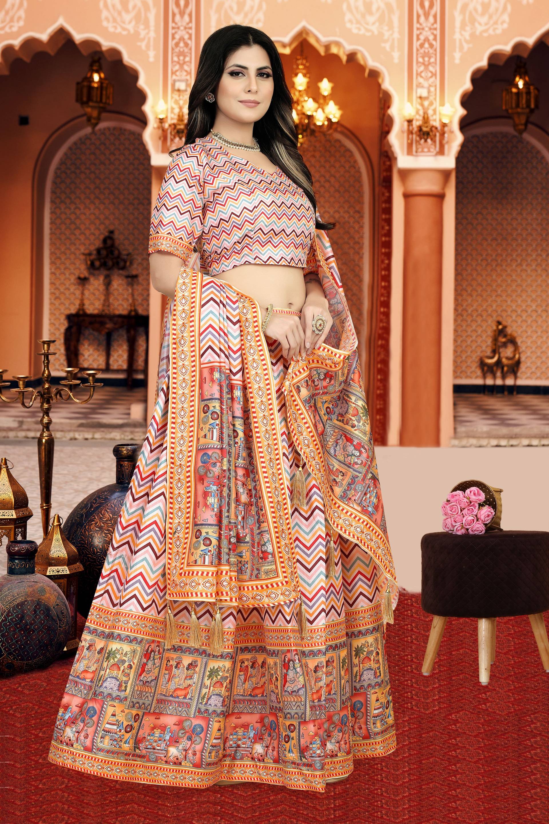 Sonakshi Women's Multicolor Dola Silk Digital Printed Lehenga Choli With Dupatta