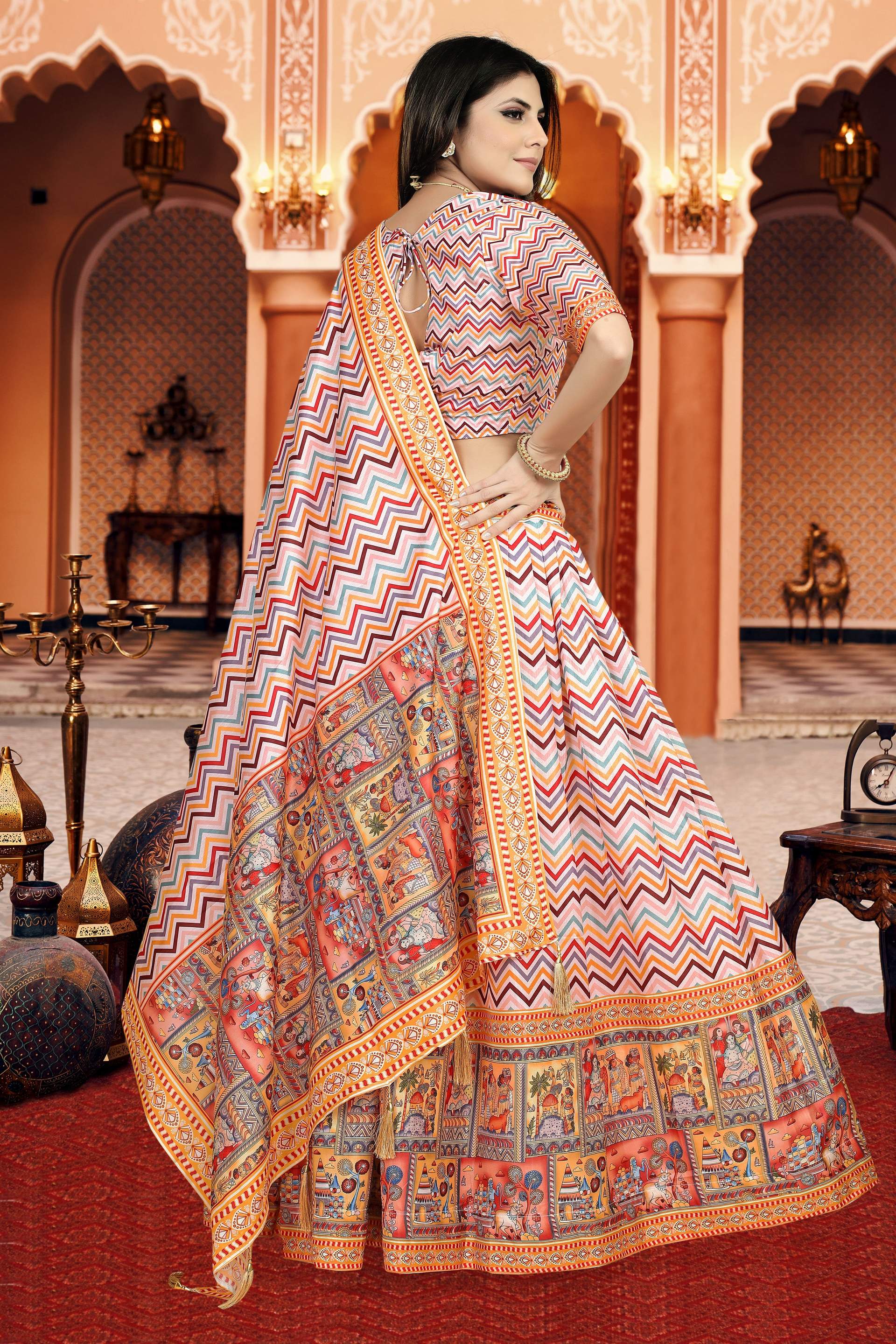 Sonakshi Women's Multicolor Dola Silk Digital Printed Lehenga Choli With Dupatta