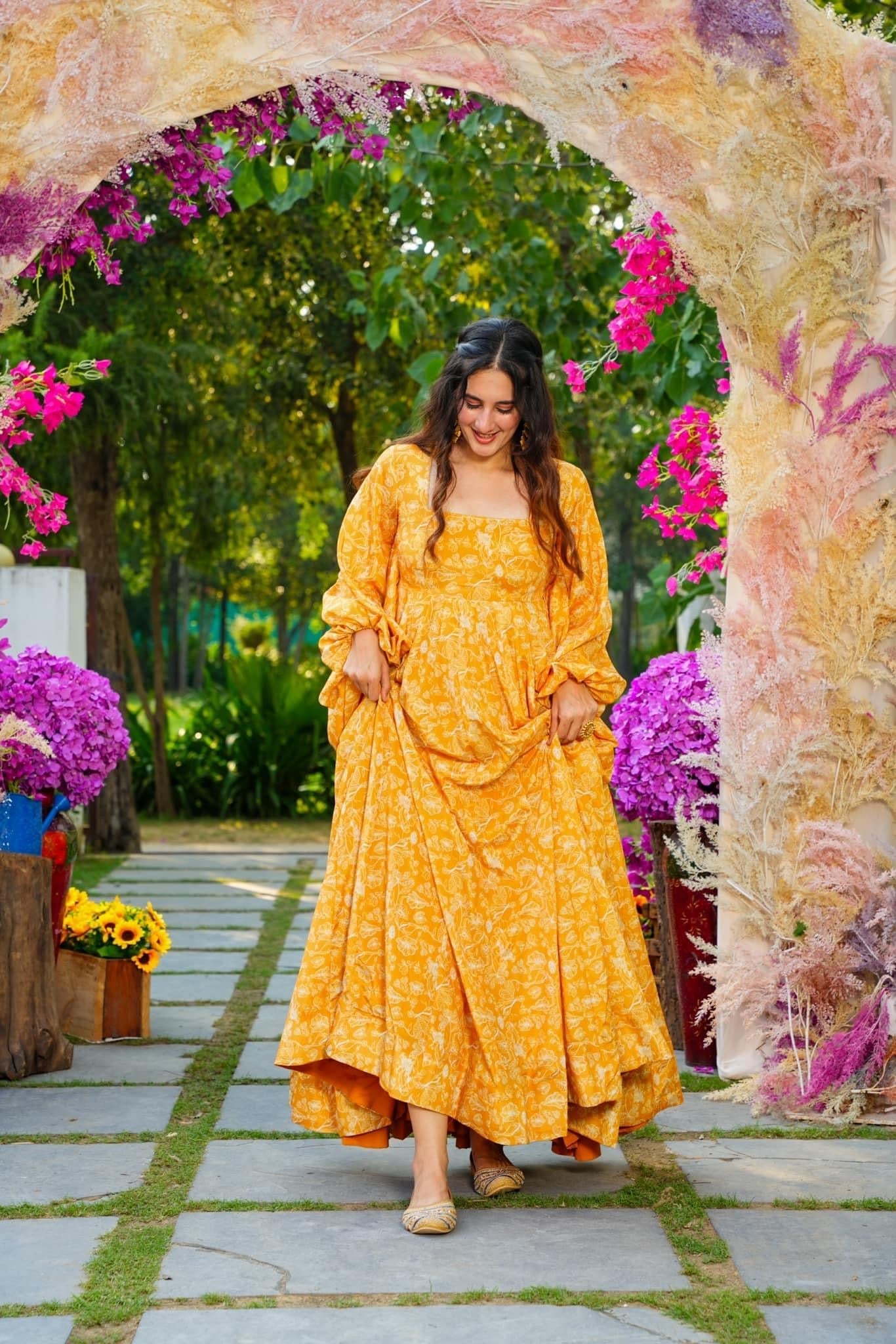 Sonakshi Women's Yellow Georgette Digital Print Full Round Flair Anarkali Gown Set