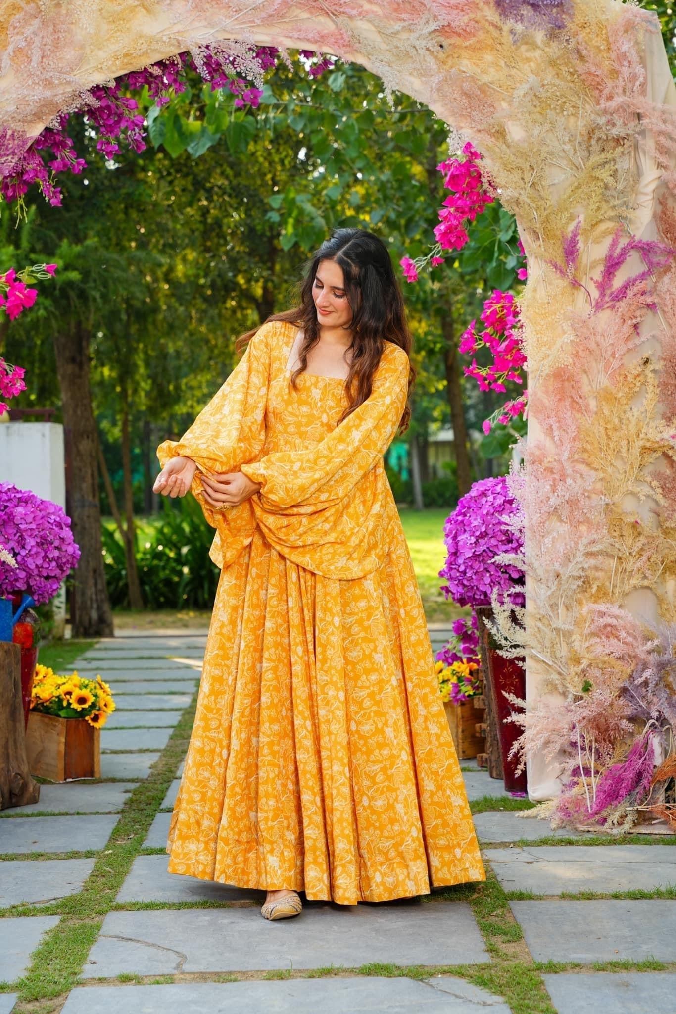 Sonakshi Women's Yellow Georgette Digital Print Full Round Flair Anarkali Gown Set