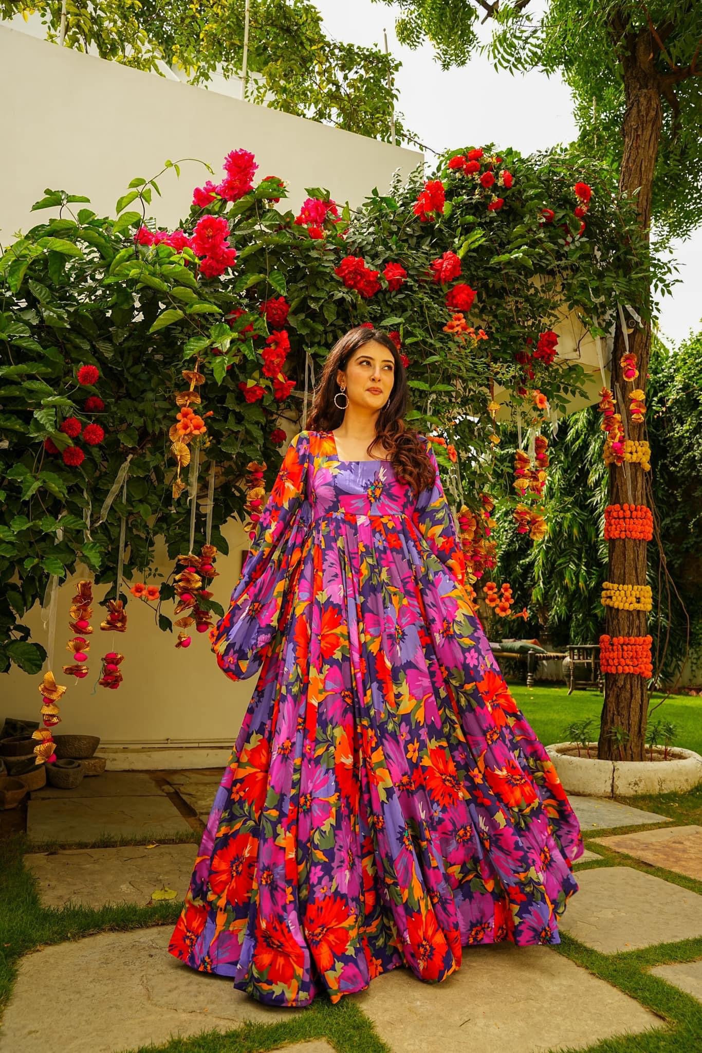 Sonakshi Women's Multicolor Georgette Digital Print Full Round Flair Anarkali Gown Set