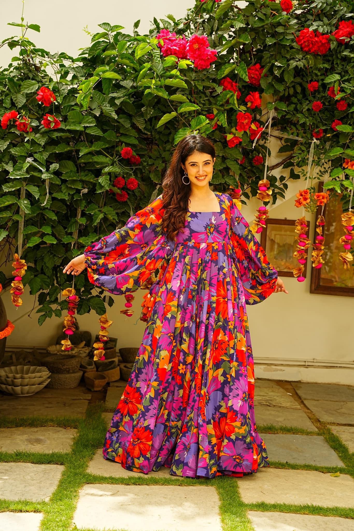 Sonakshi Women's Multicolor Georgette Digital Print Full Round Flair Anarkali Gown Set