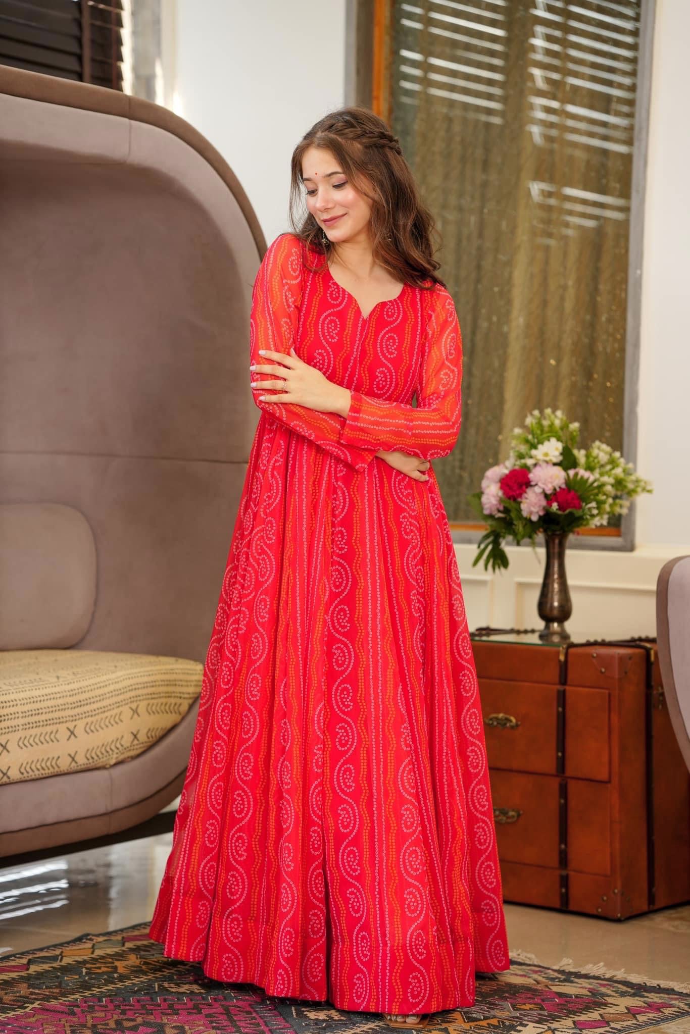Sonakshi Women's Rani Georgette Digital Print Full Round Flair Anarkali Gown Set