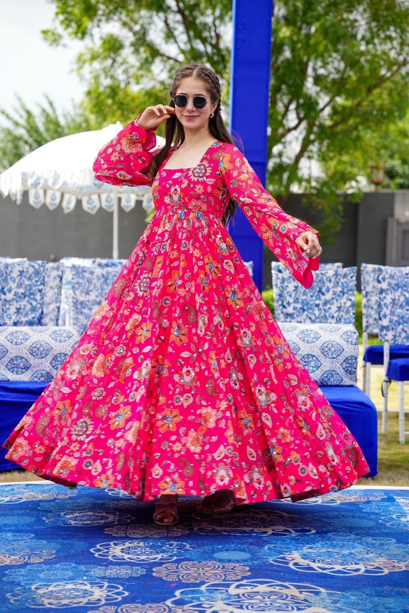 Sonakshi Women's Pink Georgette Digital Print Full Round Flair Anarkali Gown Set