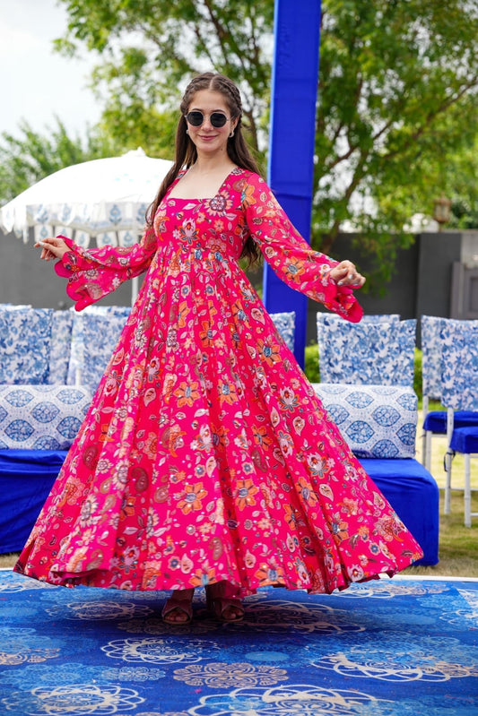 Sonakshi Women's Pink Georgette Digital Print Full Round Flair Anarkali Gown Set