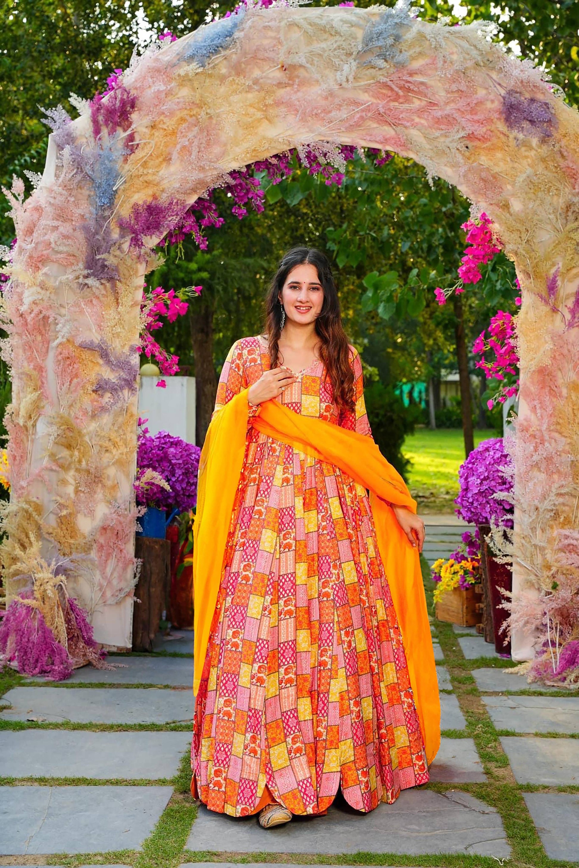 Sonakshi Women's Yellow Rayon Digital Print Full Round Flair Anarkali Gown Set With Dupatta