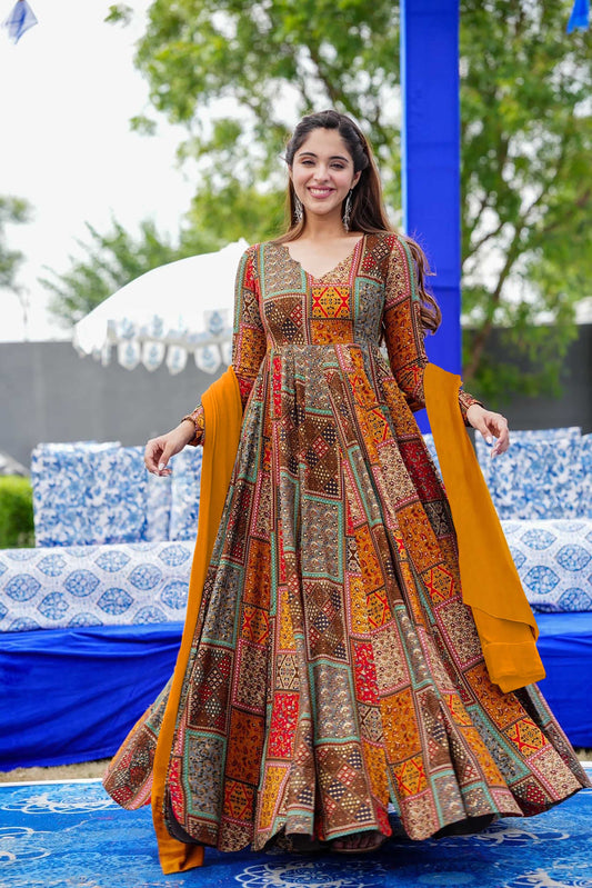 Sonakshi Women's Multicolor Rayon Digital Print Full Round Flair Anarkali Gown Set With Dupatta