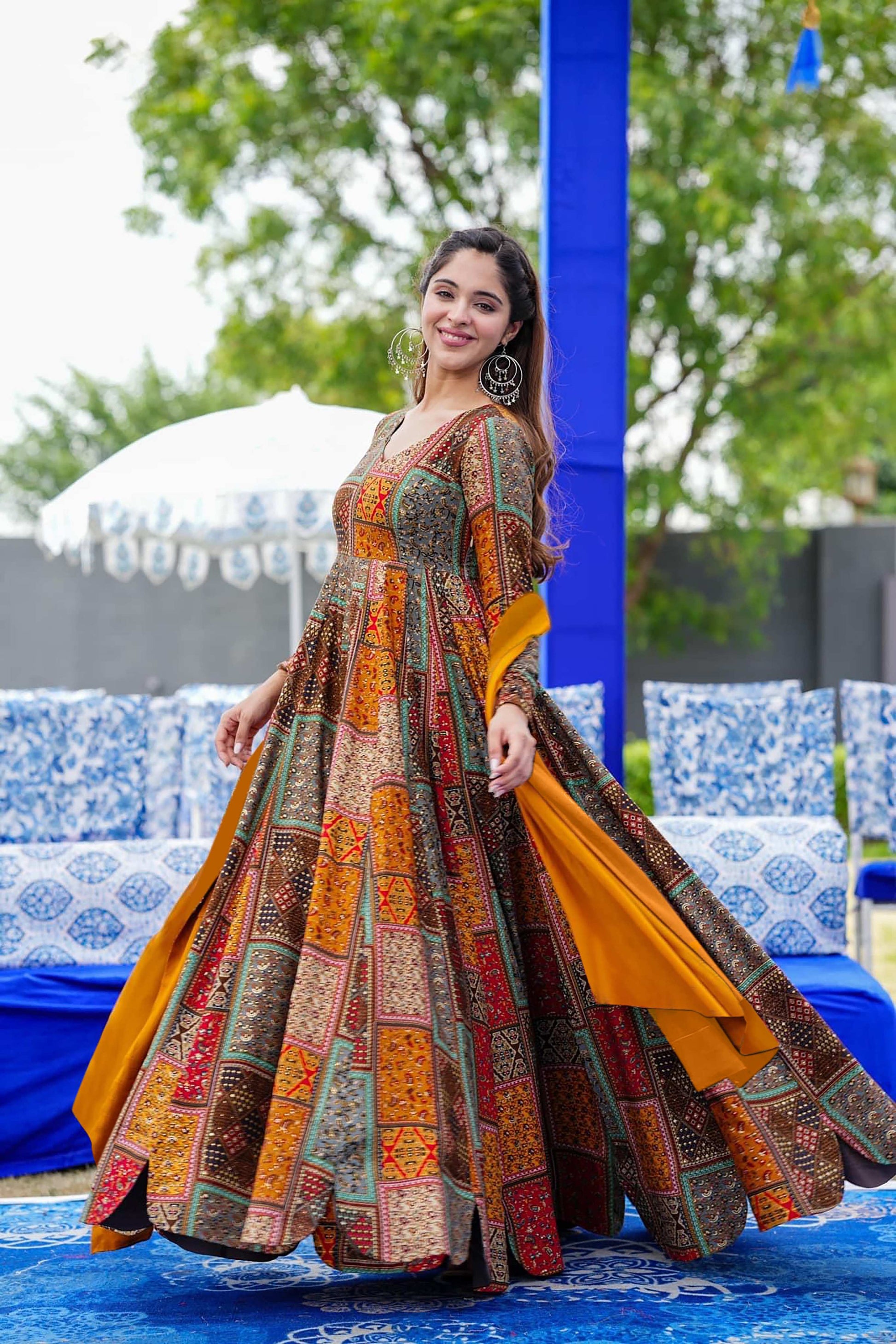 Sonakshi Women's Multicolor Rayon Digital Print Full Round Flair Anarkali Gown Set With Dupatta