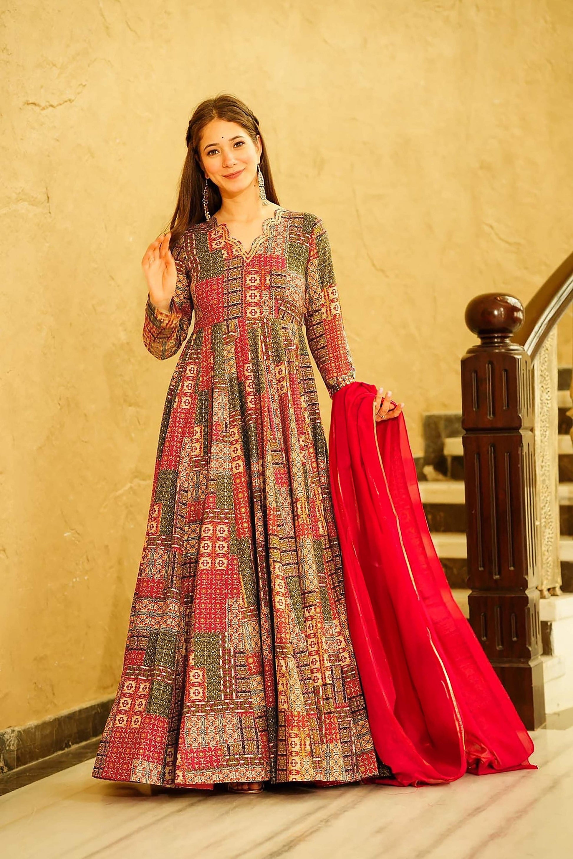 Sonakshi Women's Multicolor Rayon Digital Print Full Round Flair Anarkali Gown Set With Dupatta