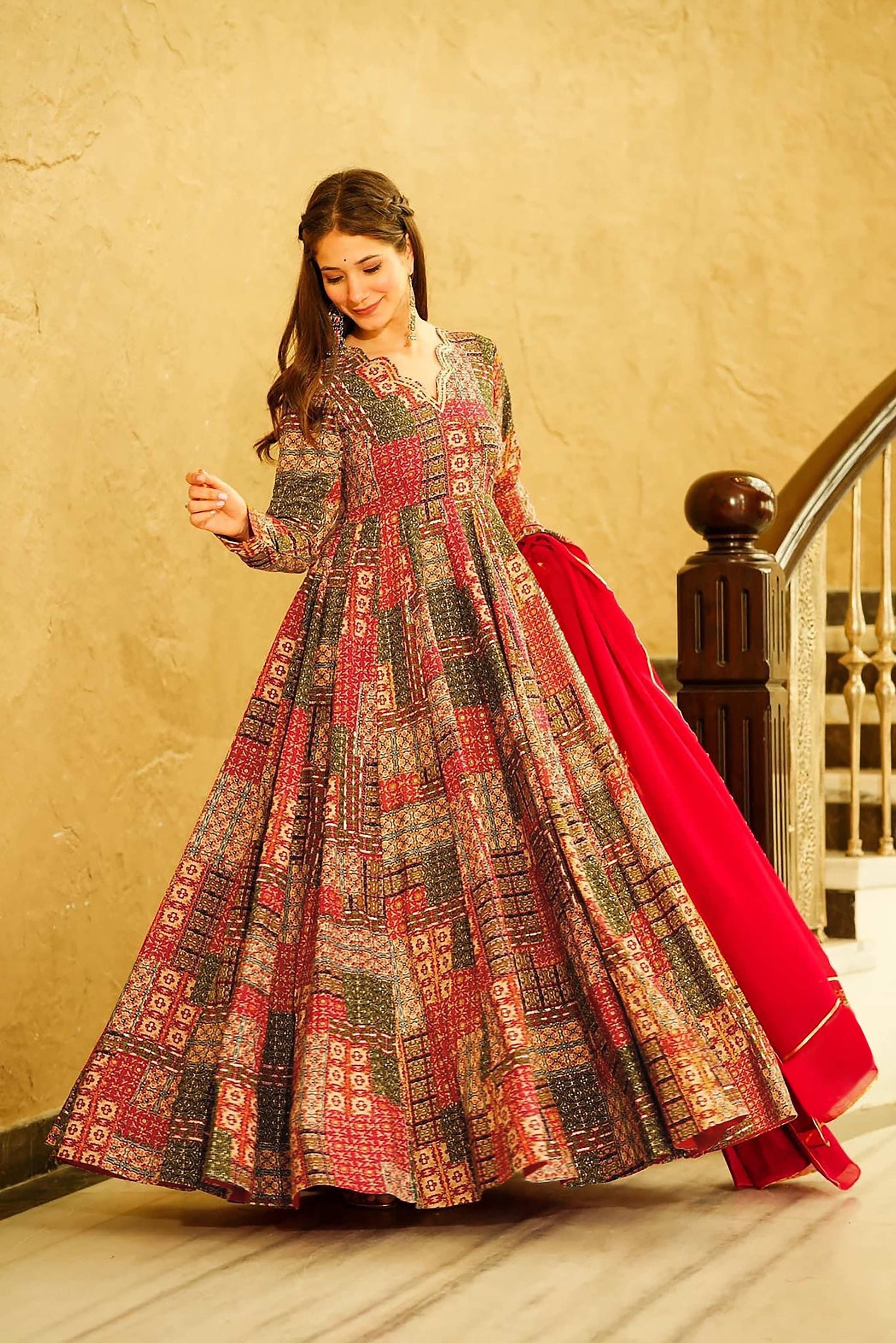 Sonakshi Women's Multicolor Rayon Digital Print Full Round Flair Anarkali Gown Set With Dupatta