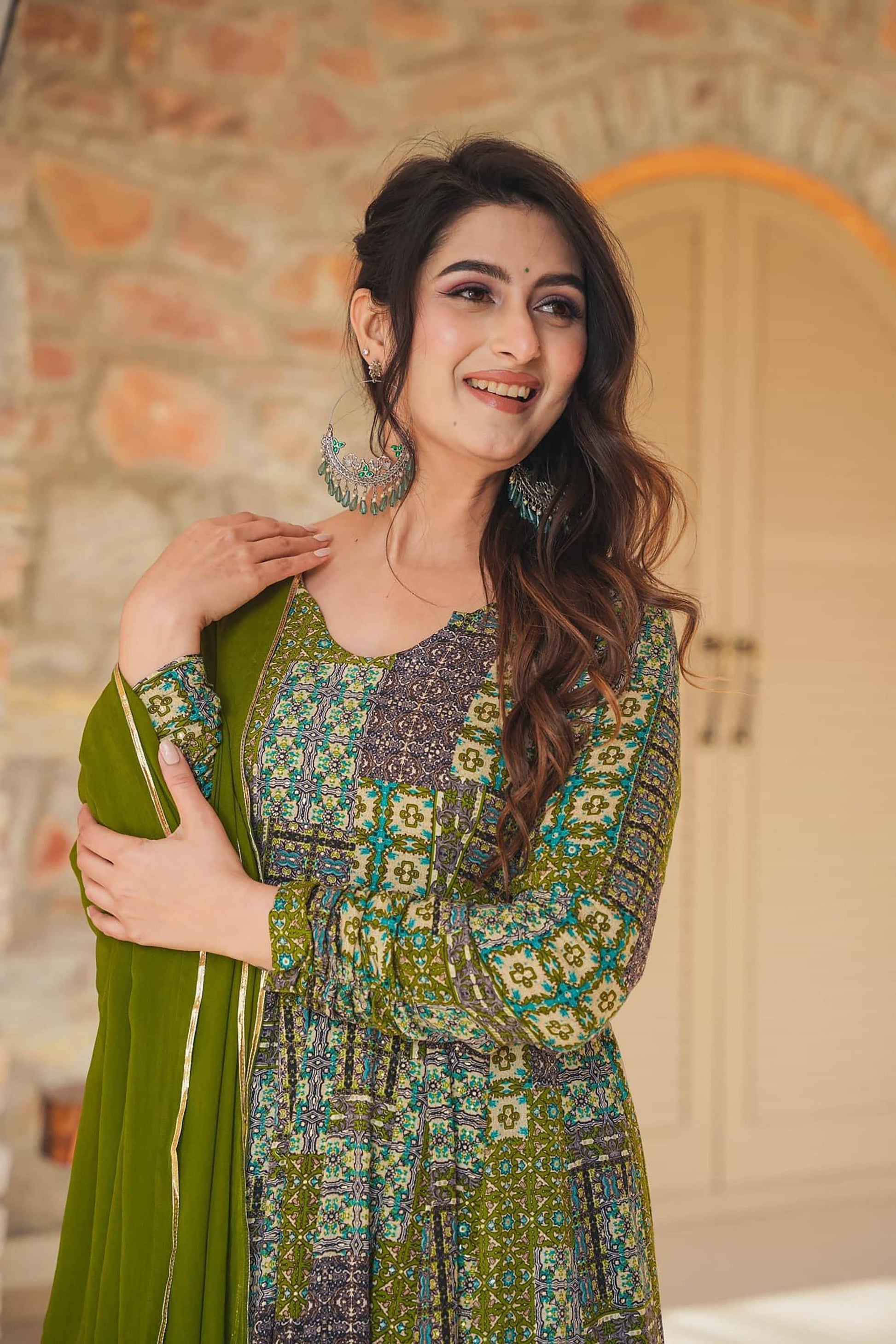 Sonakshi Women's Green Rayon Digital Print Full Round Flair Anarkali Gown Set With Dupatta