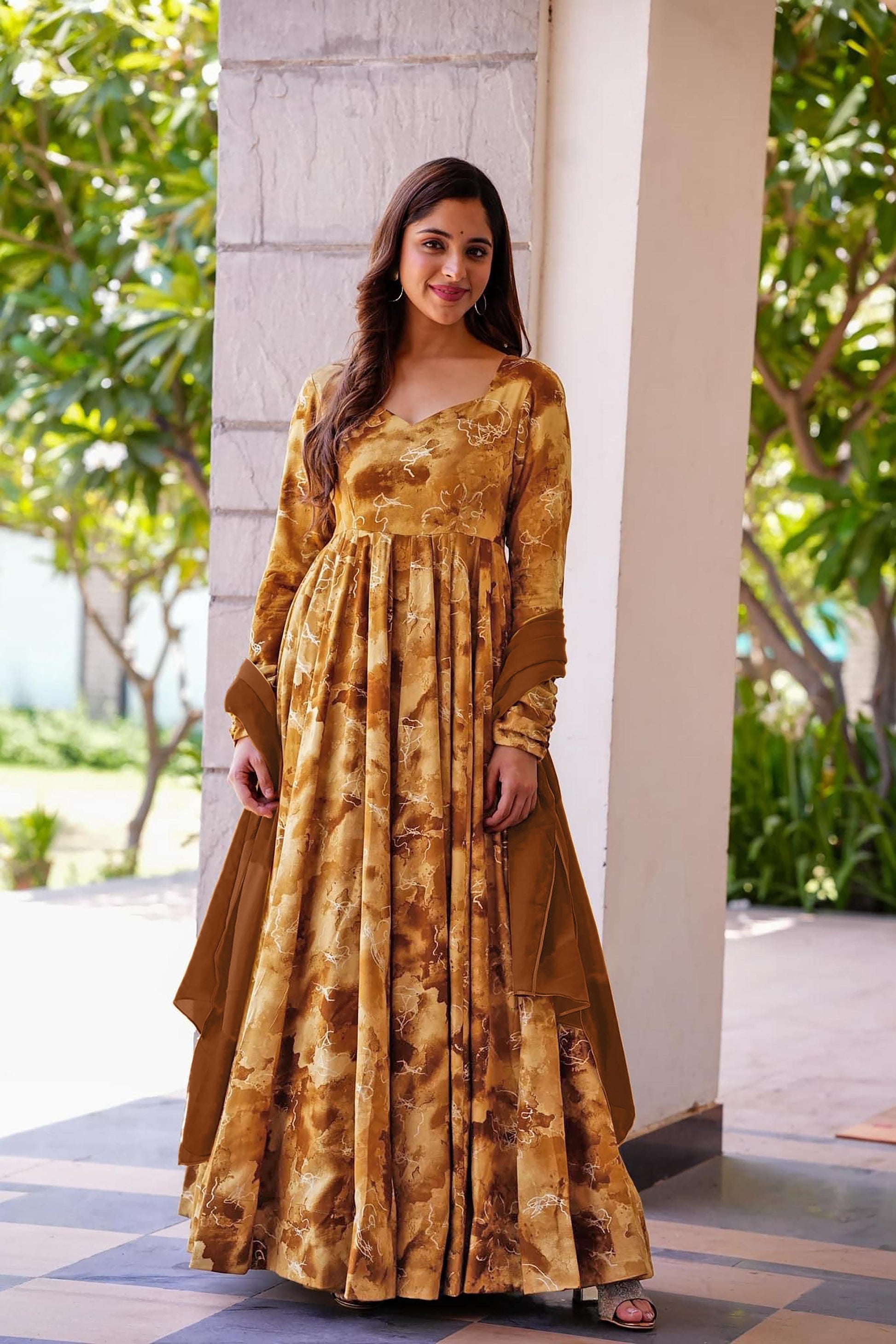 Sonakshi Women's Mustard Rayon Digital Print Full Round Flair Anarkali Gown Set With Dupatta