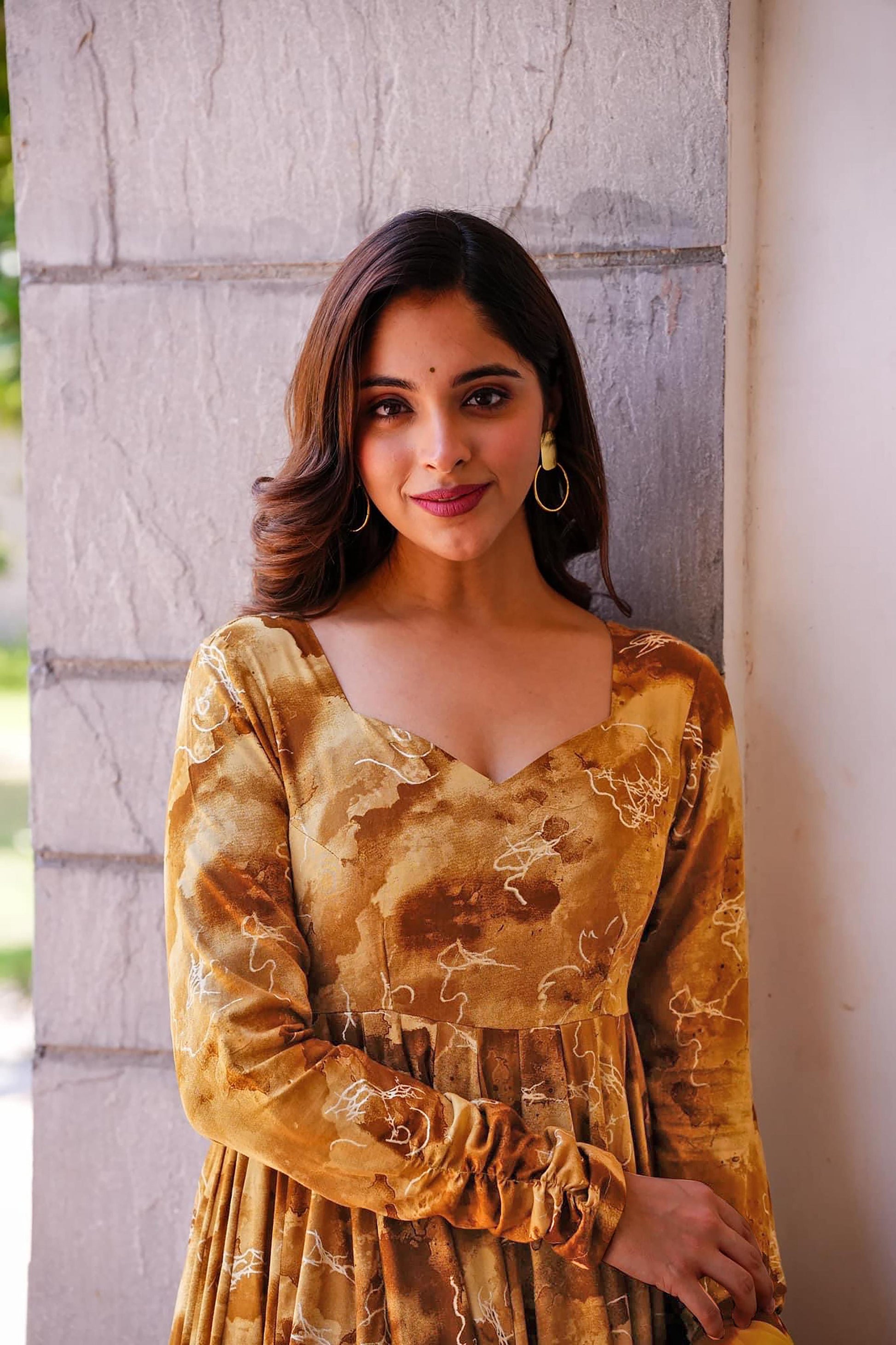 Sonakshi Women's Mustard Rayon Digital Print Full Round Flair Anarkali Gown Set With Dupatta