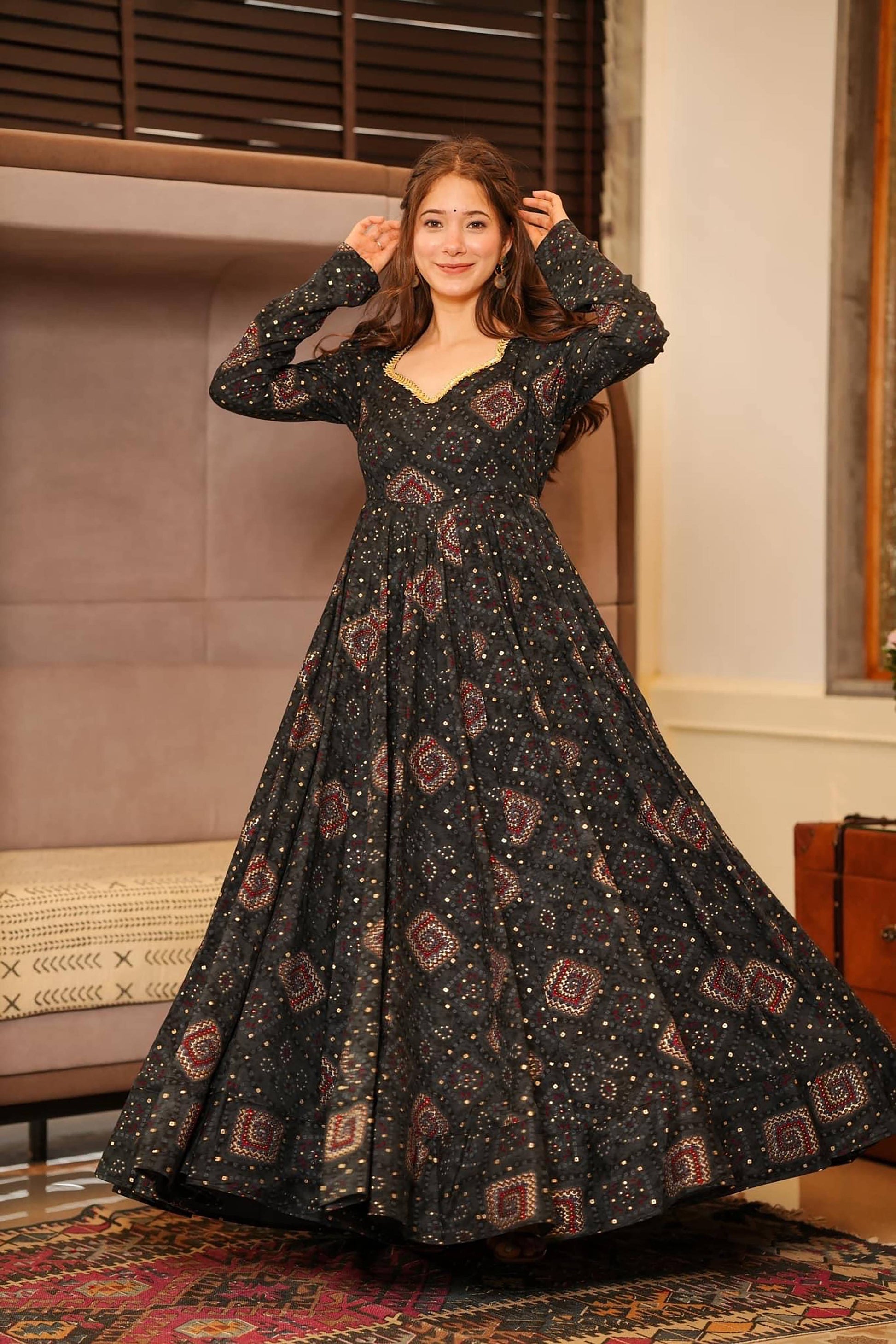 Sonakshi Women's Black Rayon Digital Print Full Round Flair Anarkali Gown Set