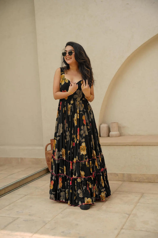 Sonakshi Women's Black Rayon Digital Print Full Round Flair Anarkali Gown Set