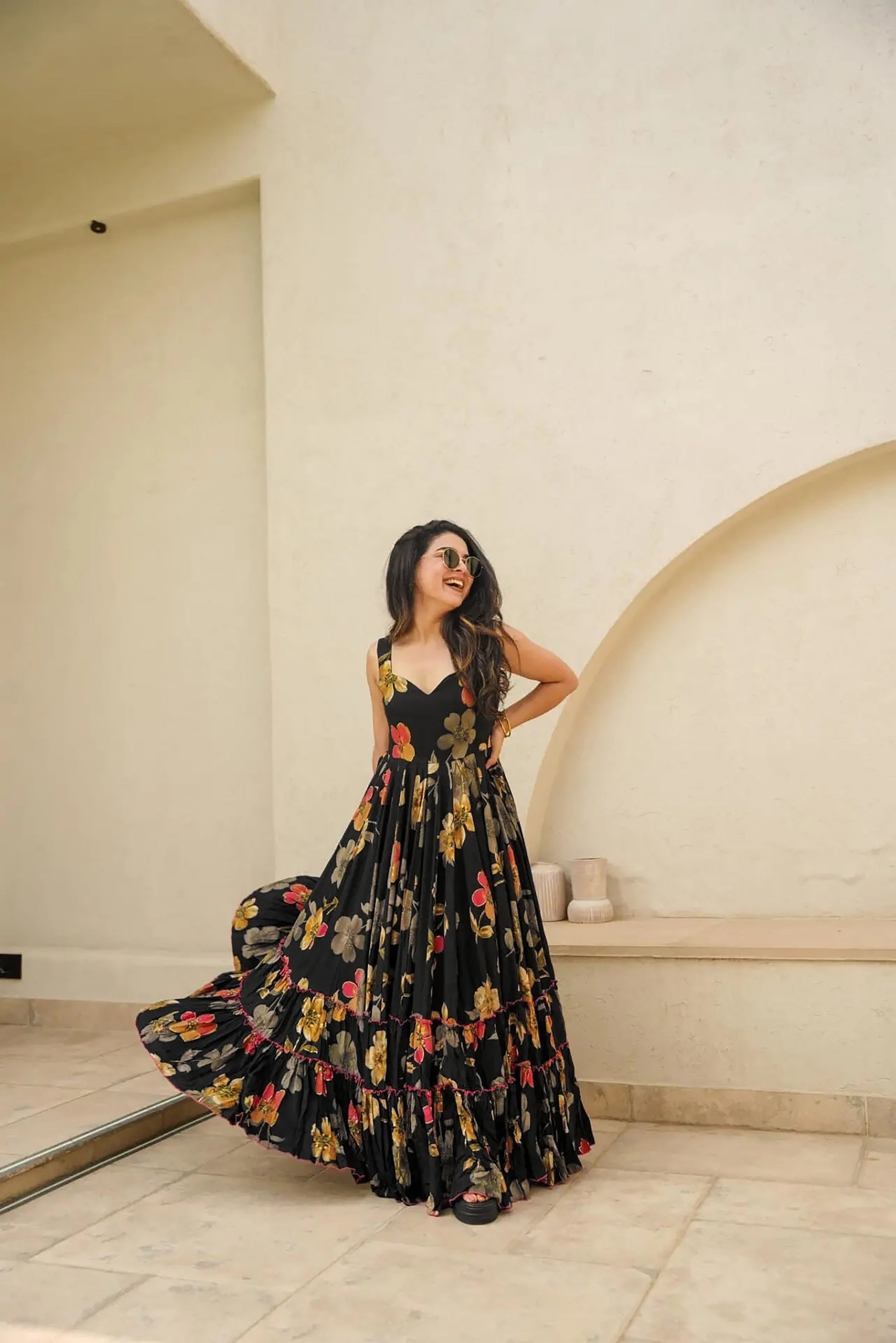 Sonakshi Women's Black Rayon Digital Print Full Round Flair Anarkali Gown Set