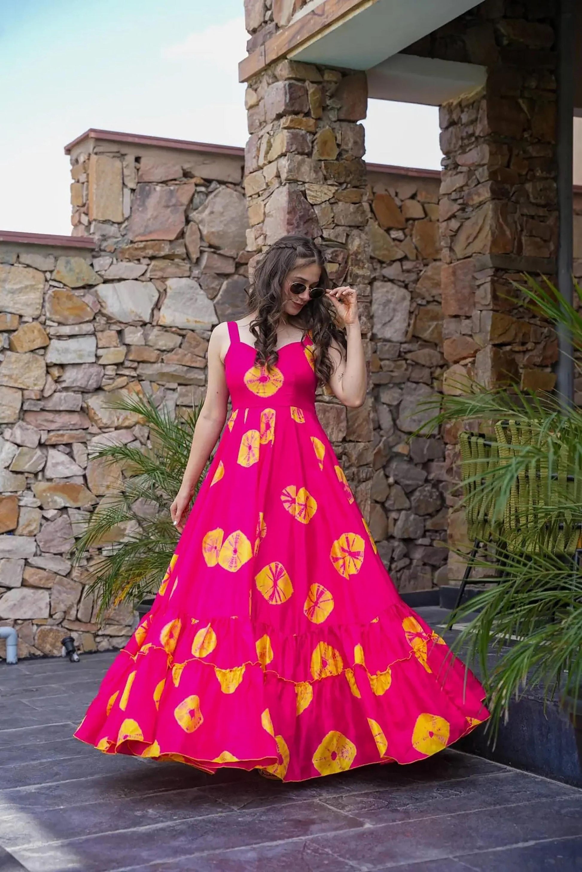 Sonakshi Women's Pink Rayon Digital Print Full Round Flair Anarkali Gown Set