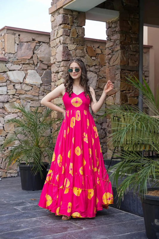 Sonakshi Women's Pink Rayon Digital Print Full Round Flair Anarkali Gown Set