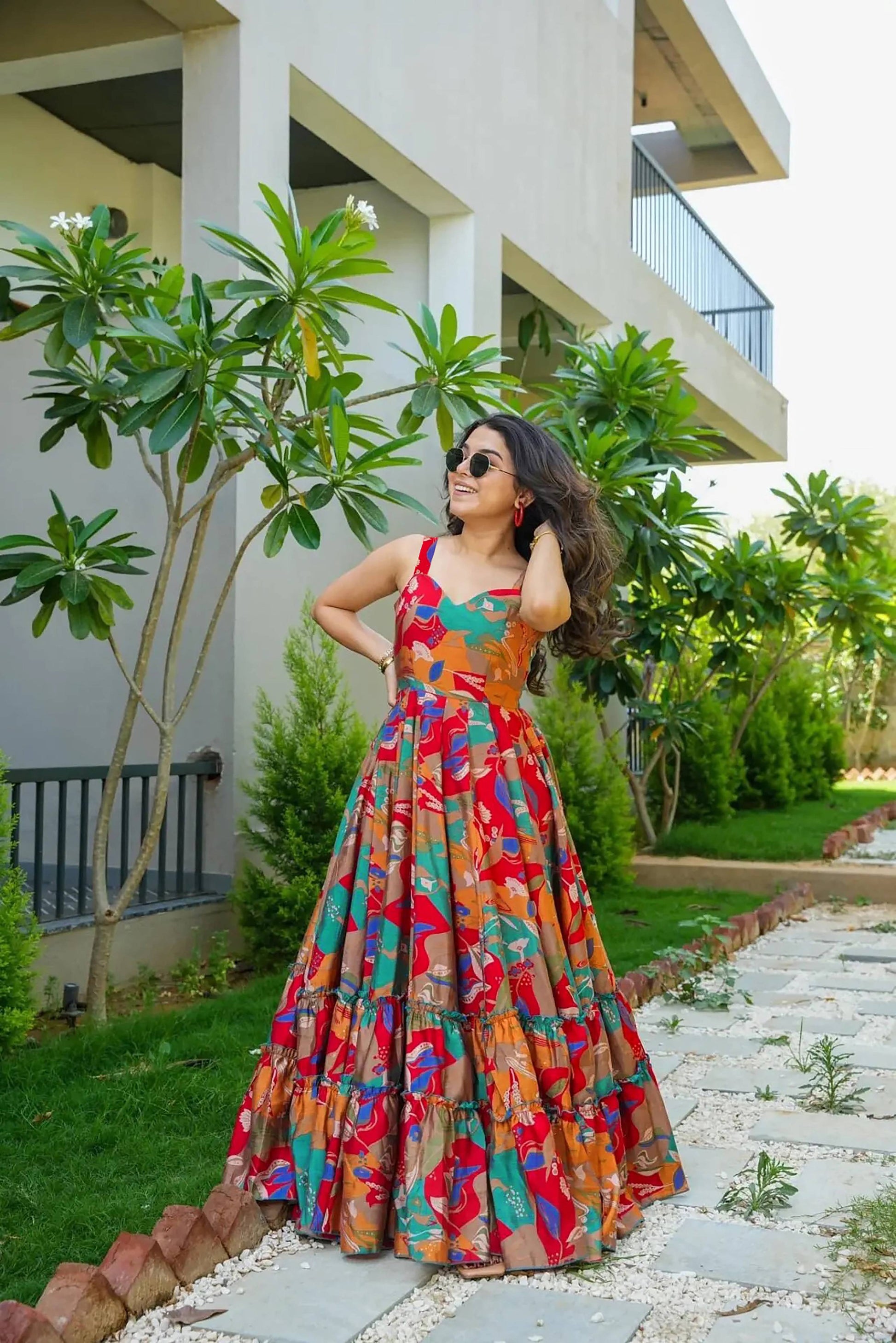 Sonakshi Women's Multicolor Rayon Digital Print Full Round Flair Anarkali Gown Set