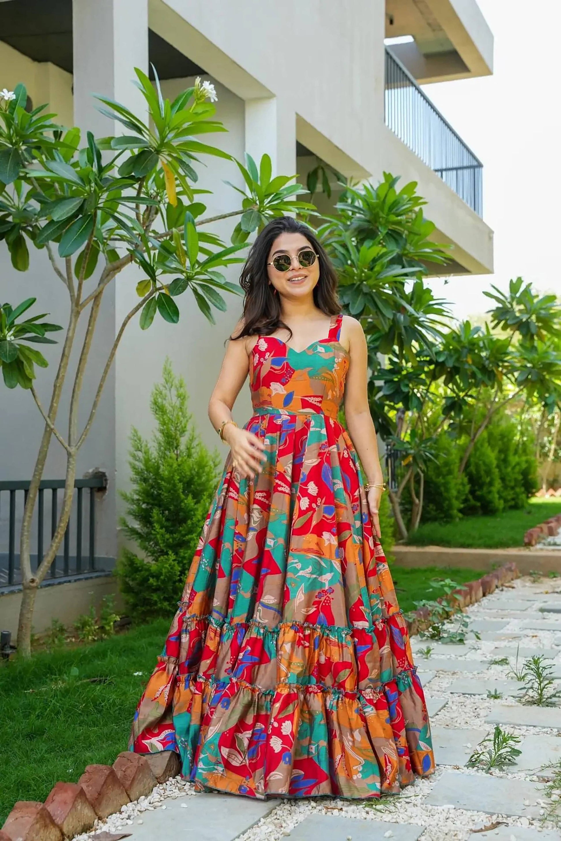 Sonakshi Women's Multicolor Rayon Digital Print Full Round Flair Anarkali Gown Set