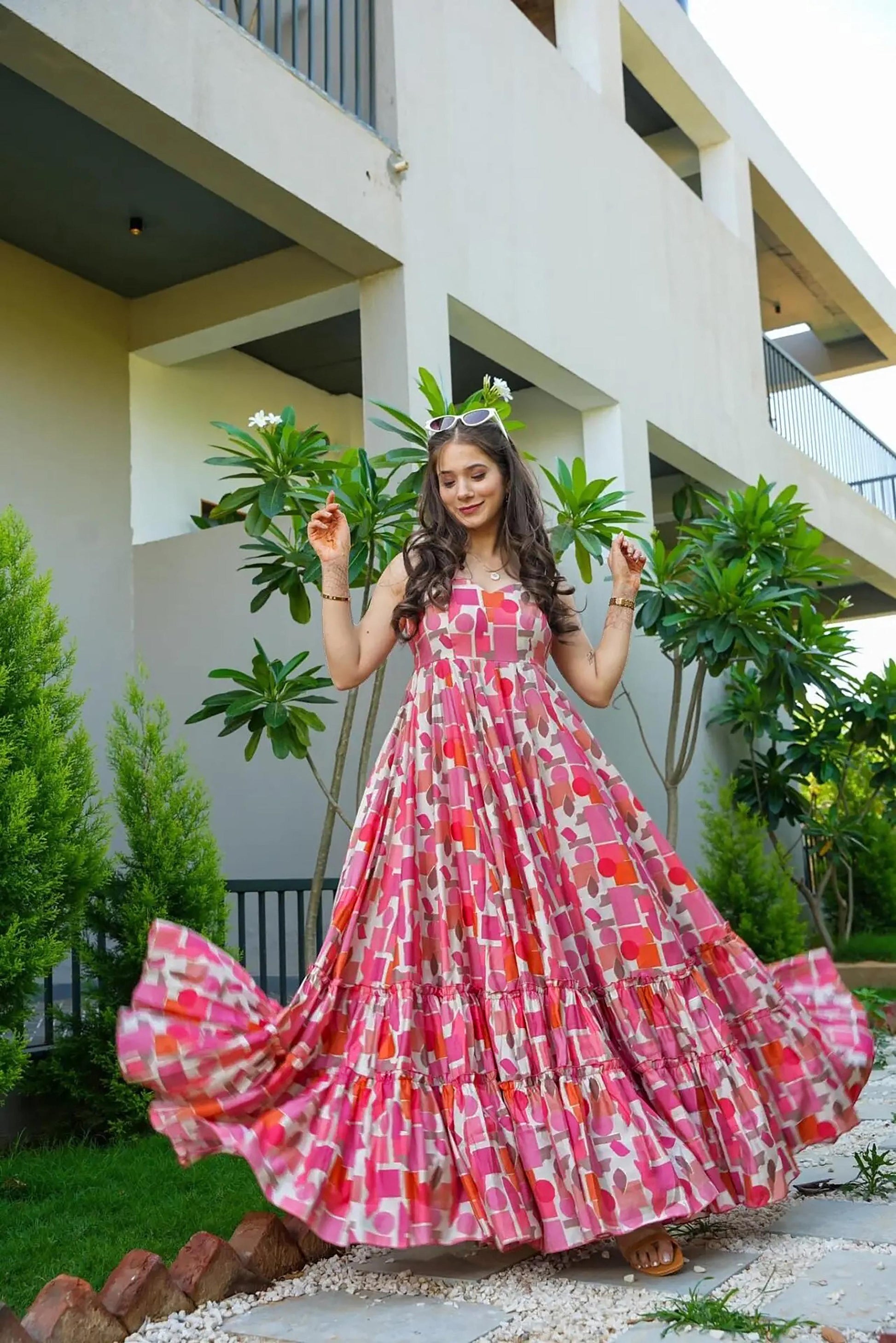 Sonakshi Women's Babypink Rayon Digital Print Full Round Flair Anarkali Gown Set