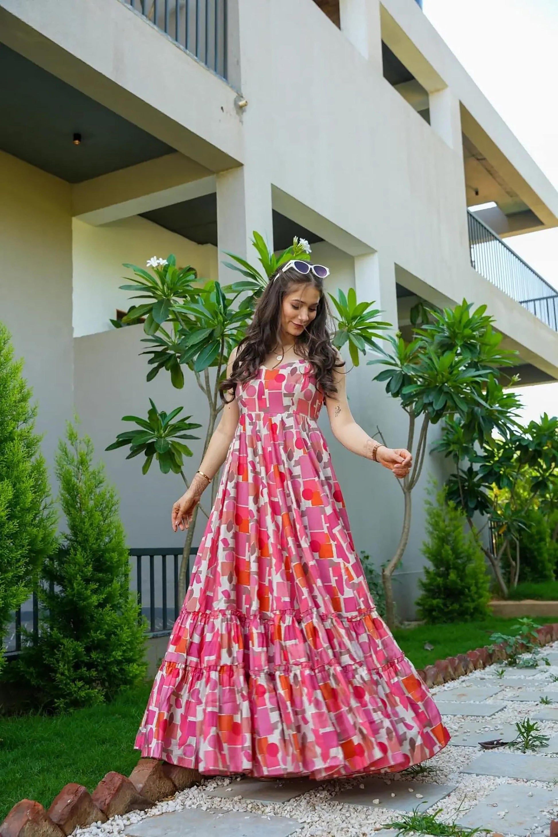 Sonakshi Women's Babypink Rayon Digital Print Full Round Flair Anarkali Gown Set