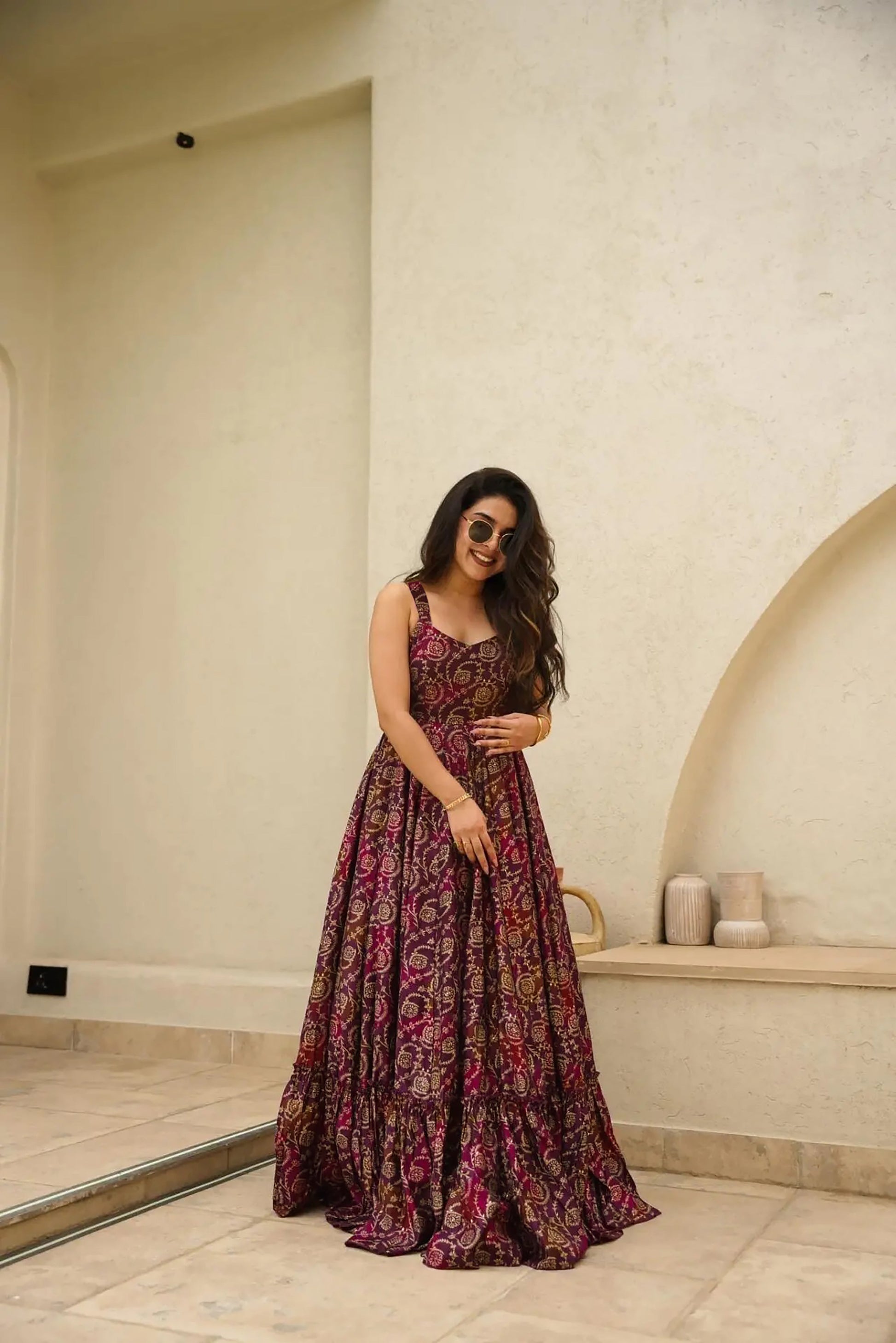 Sonakshi Women's Purple Rayon Digital Print Full Round Flair Anarkali Gown Set