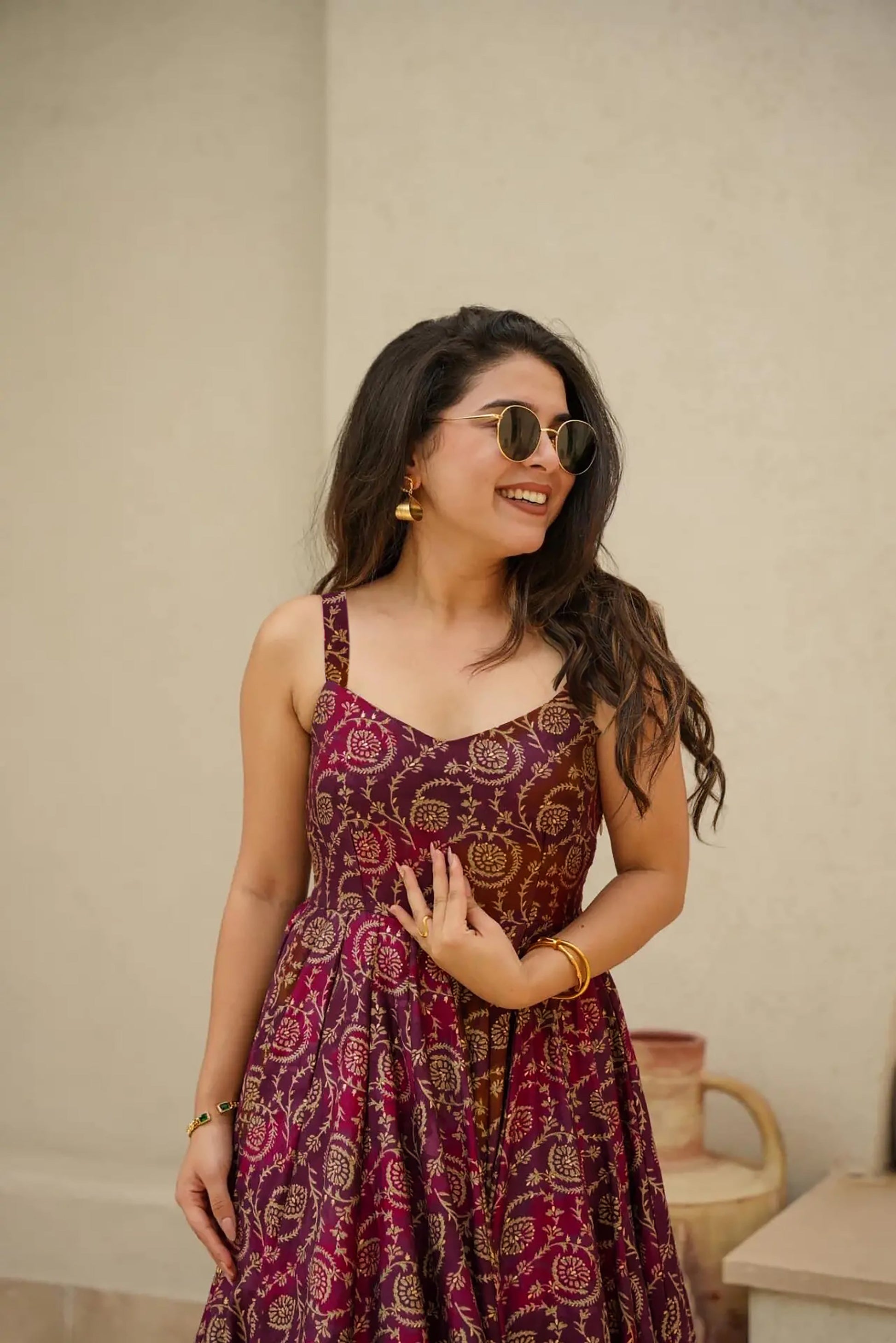 Sonakshi Women's Purple Rayon Digital Print Full Round Flair Anarkali Gown Set