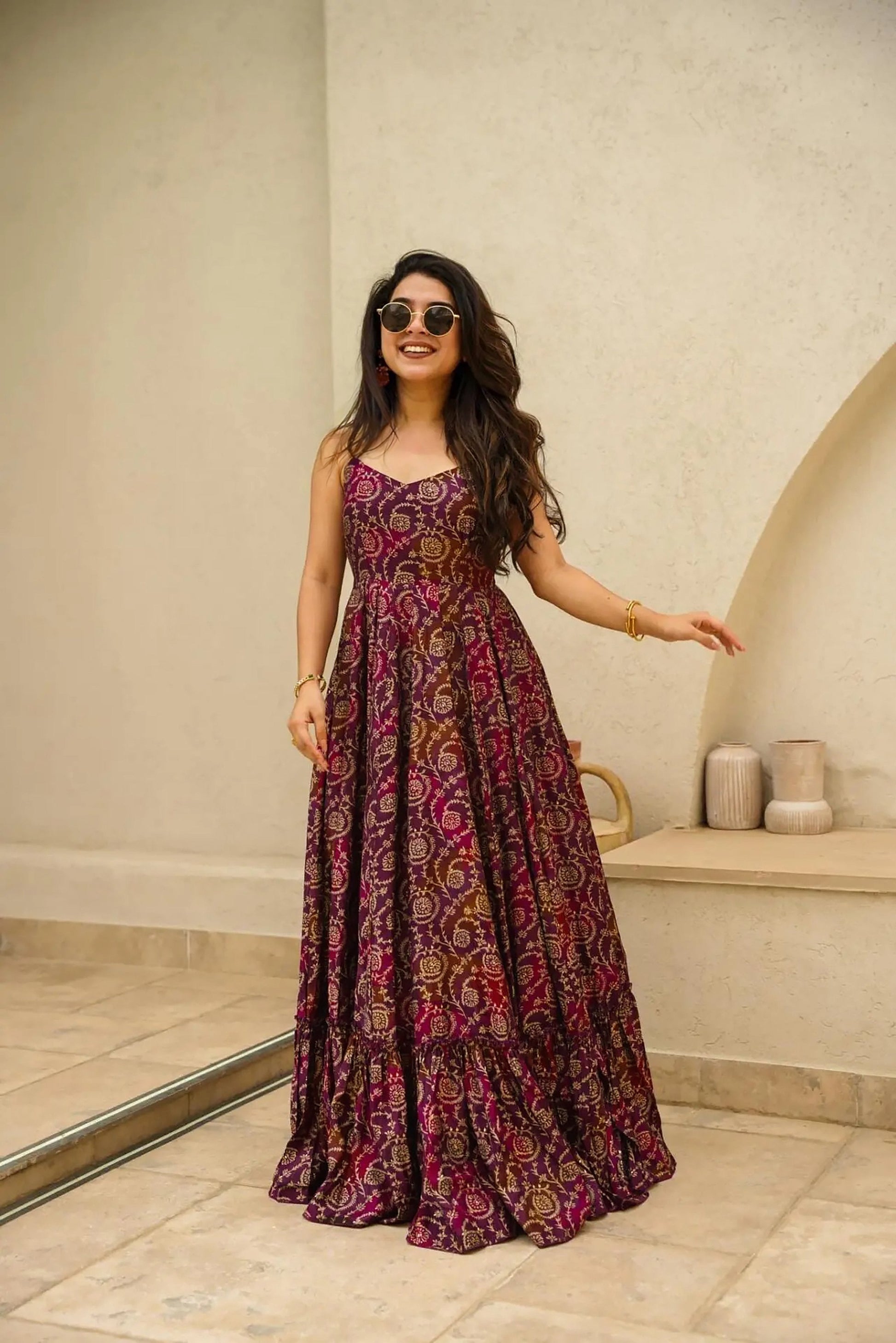 Sonakshi Women's Purple Rayon Digital Print Full Round Flair Anarkali Gown Set
