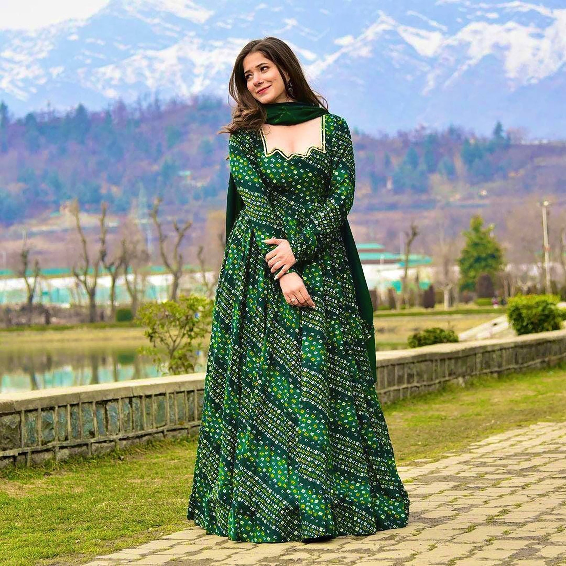Sonakshi Women's Green Rayon Digital Print Full Round Flair Anarkali Gown Set With Dupatta