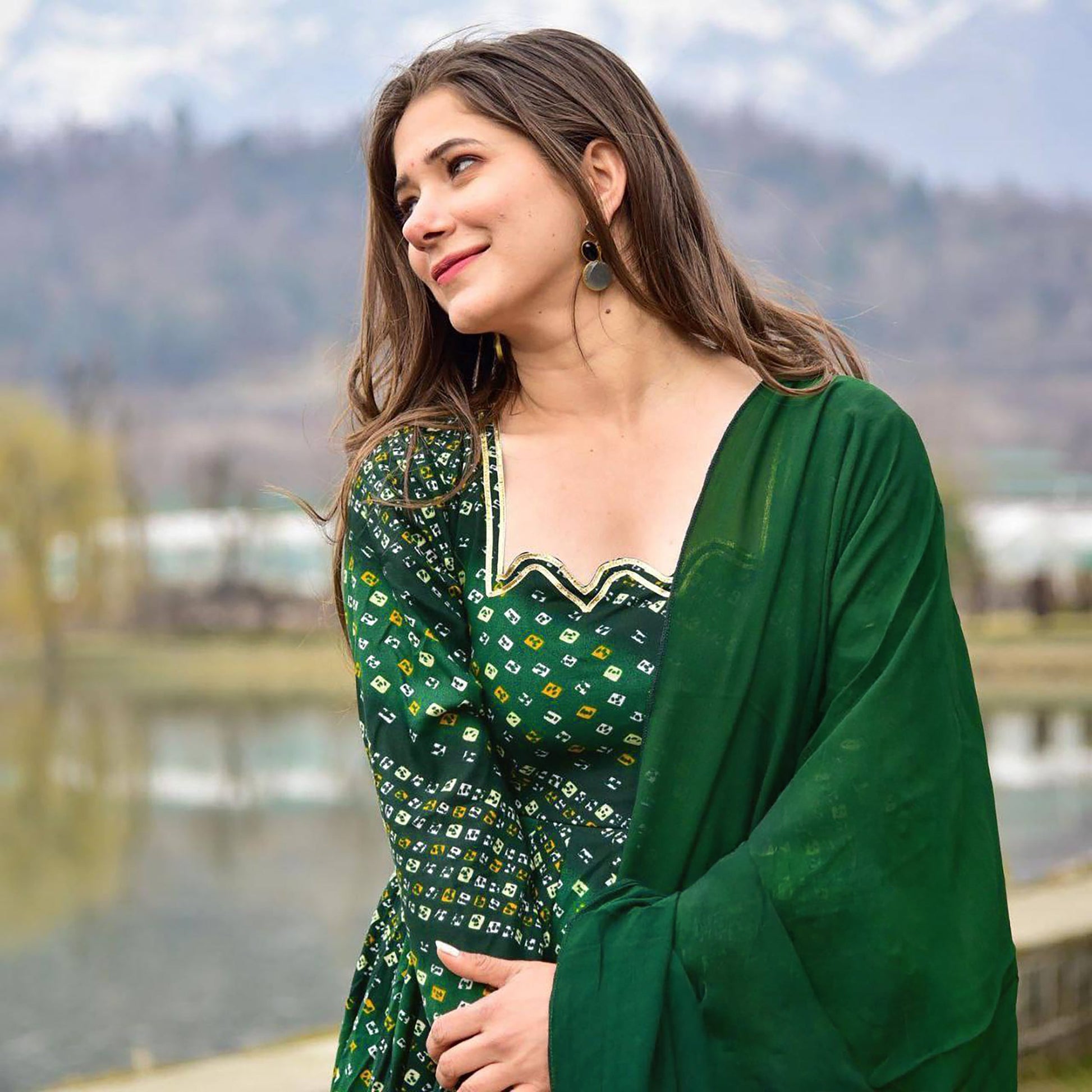 Sonakshi Women's Green Rayon Digital Print Full Round Flair Anarkali Gown Set With Dupatta