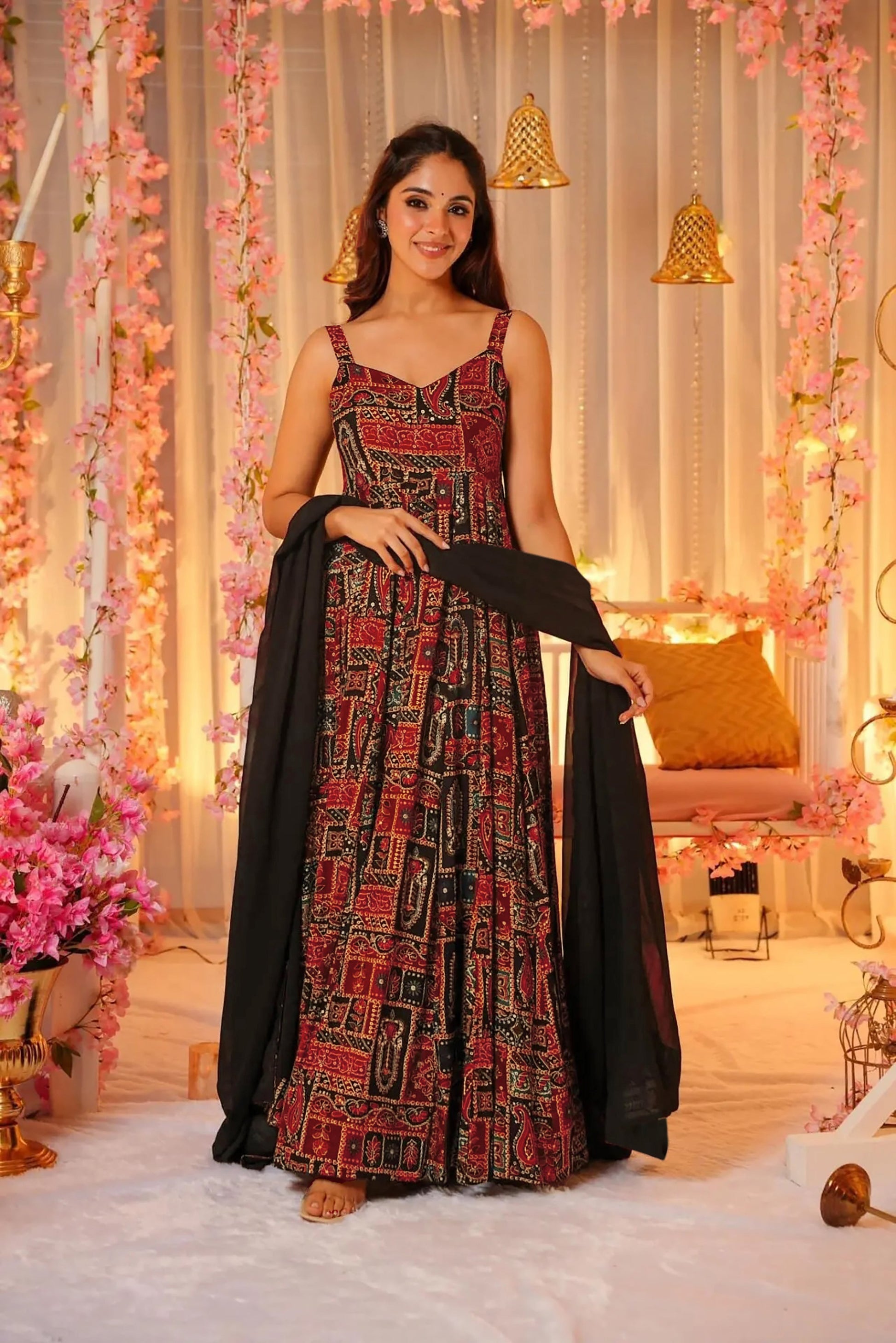 Sonakshi Women's Red Rayon Digital Print Full Round Flair Anarkali Gown Set With Dupatta