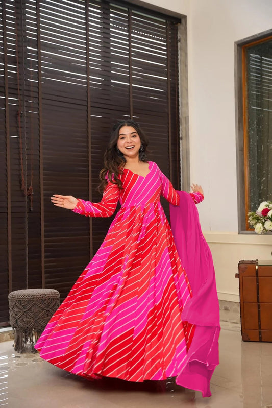Sonakshi Women's Red Rayon Digital Print Full Round Flair Anarkali Gown Set With Dupatta