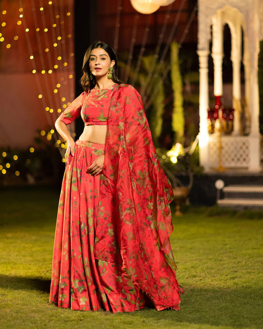 Sonakshi Women's Red Air Tex Chinon Digital Printed Lehenga Choli With Dupatta