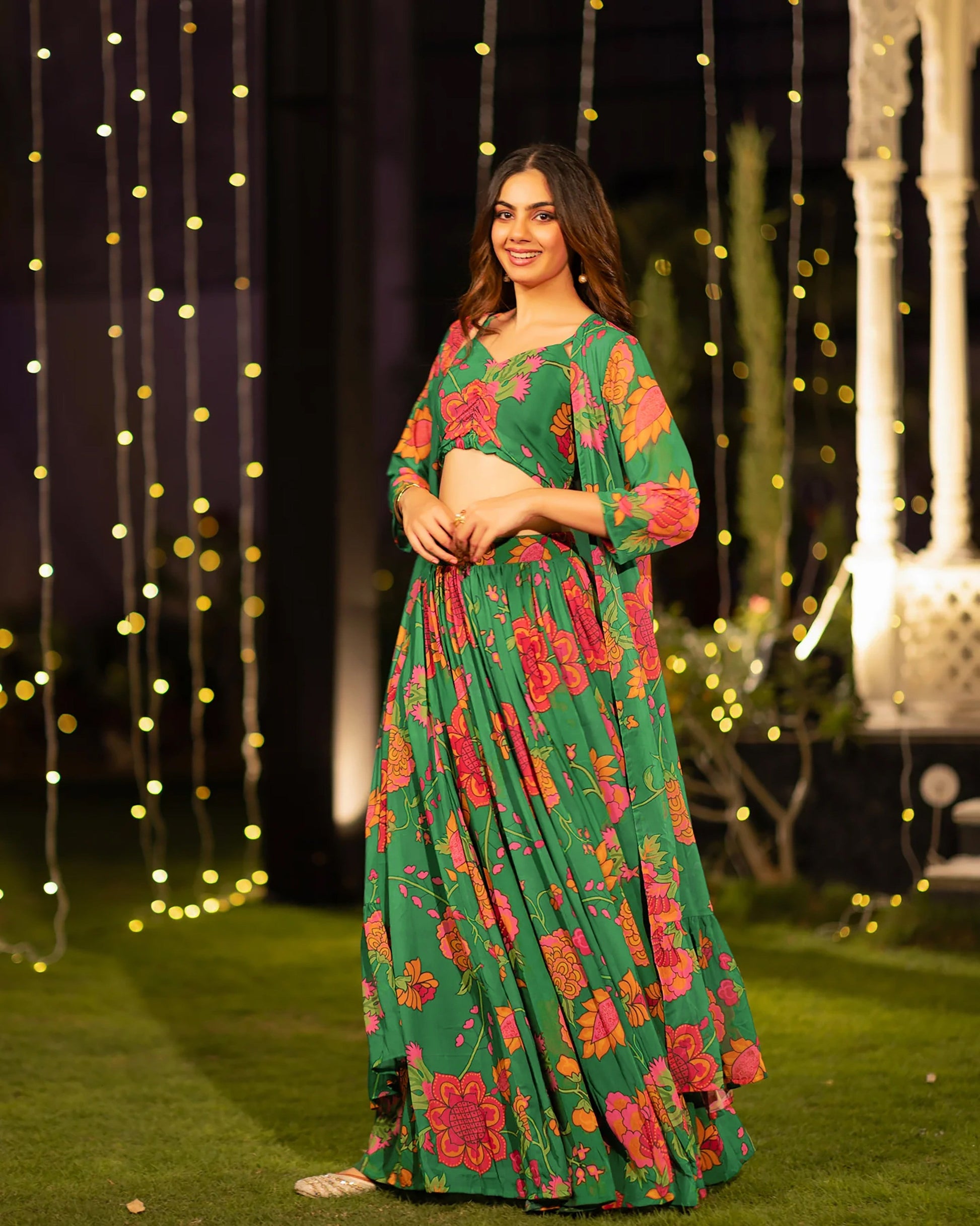 Sonakshi Women's Green Air Tex Chinon Digital Printed Lehenga Choli With Shrug
