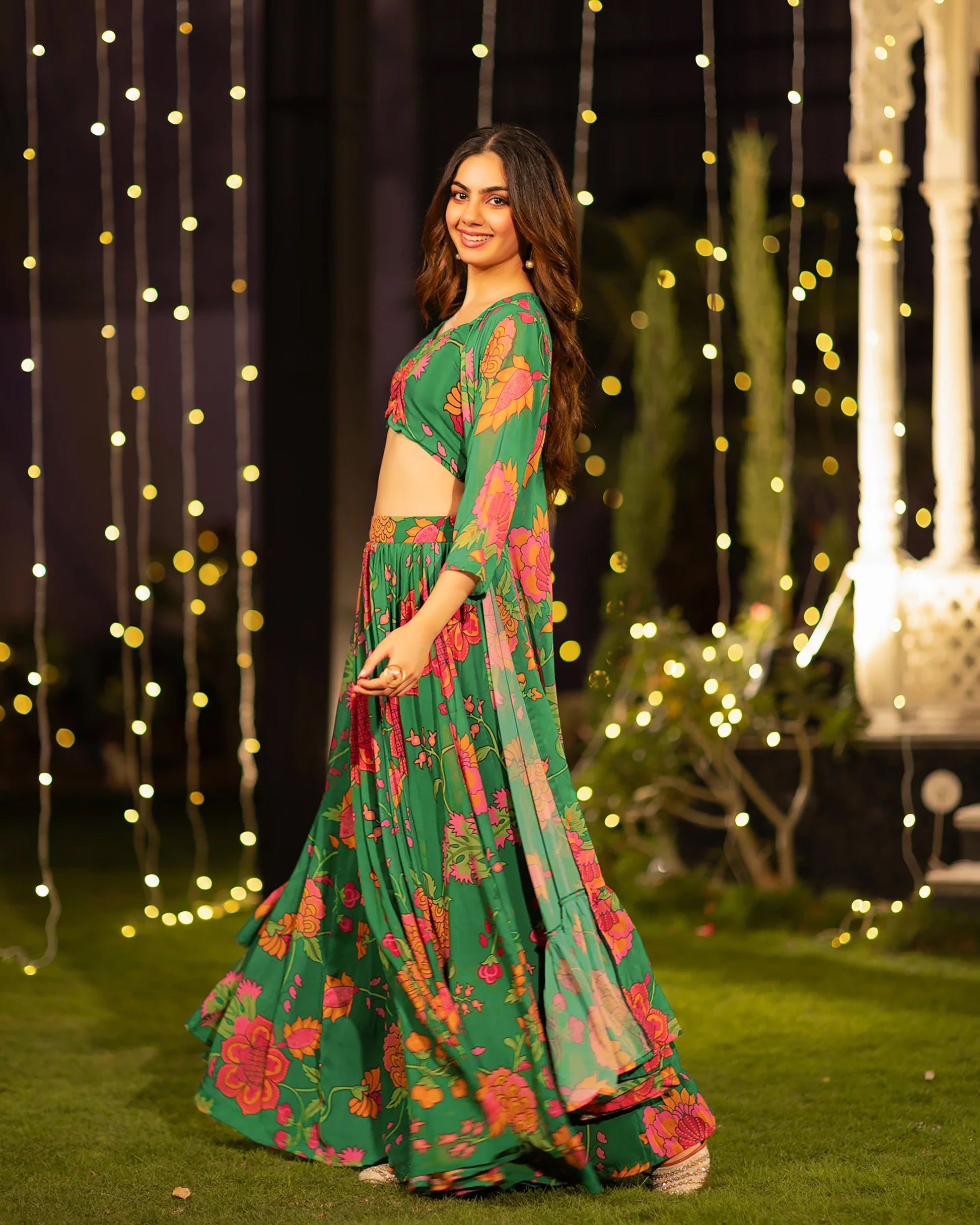 Sonakshi Women's Green Air Tex Chinon Digital Printed Lehenga Choli With Shrug
