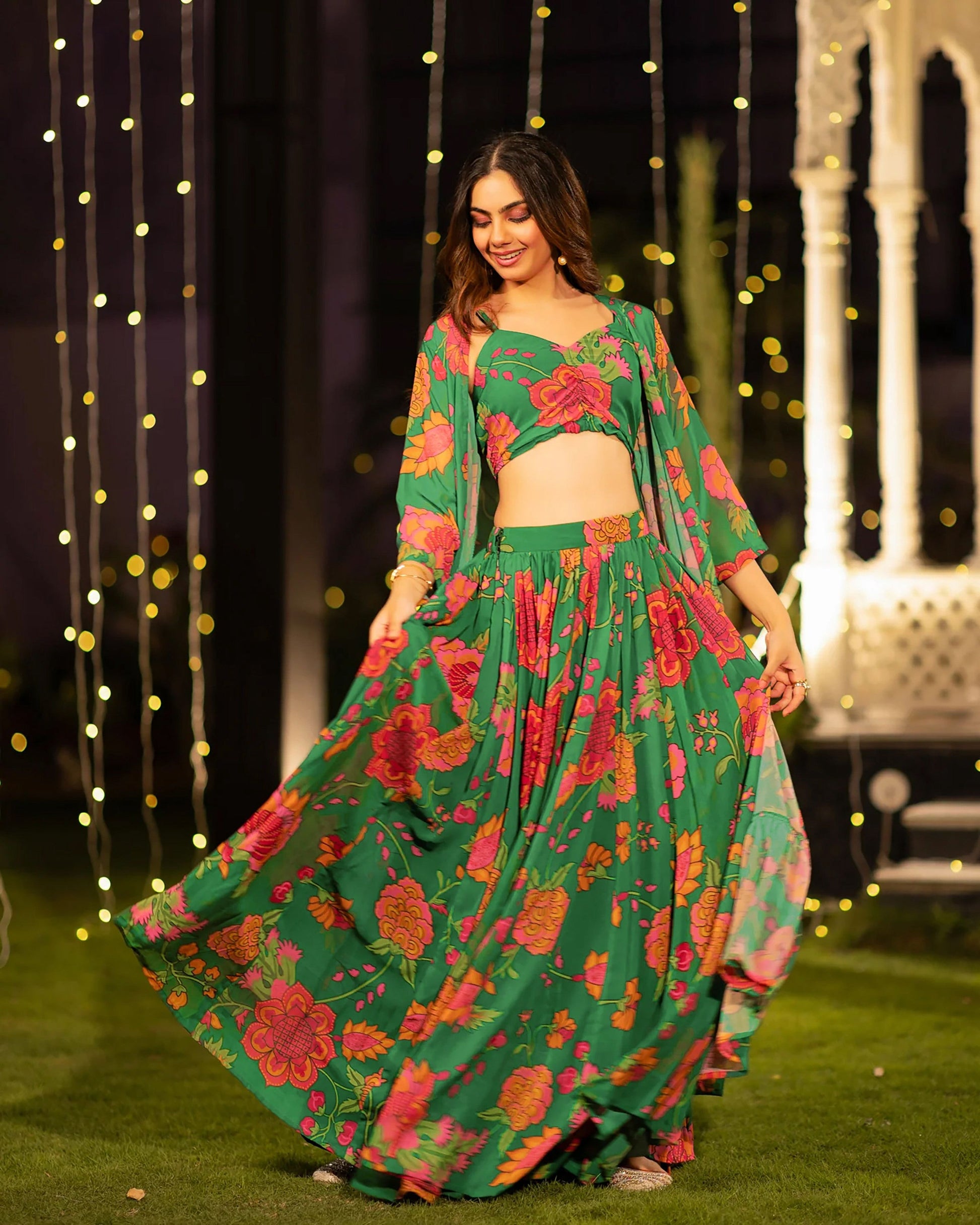 Sonakshi Women's Green Air Tex Chinon Digital Printed Lehenga Choli With Shrug
